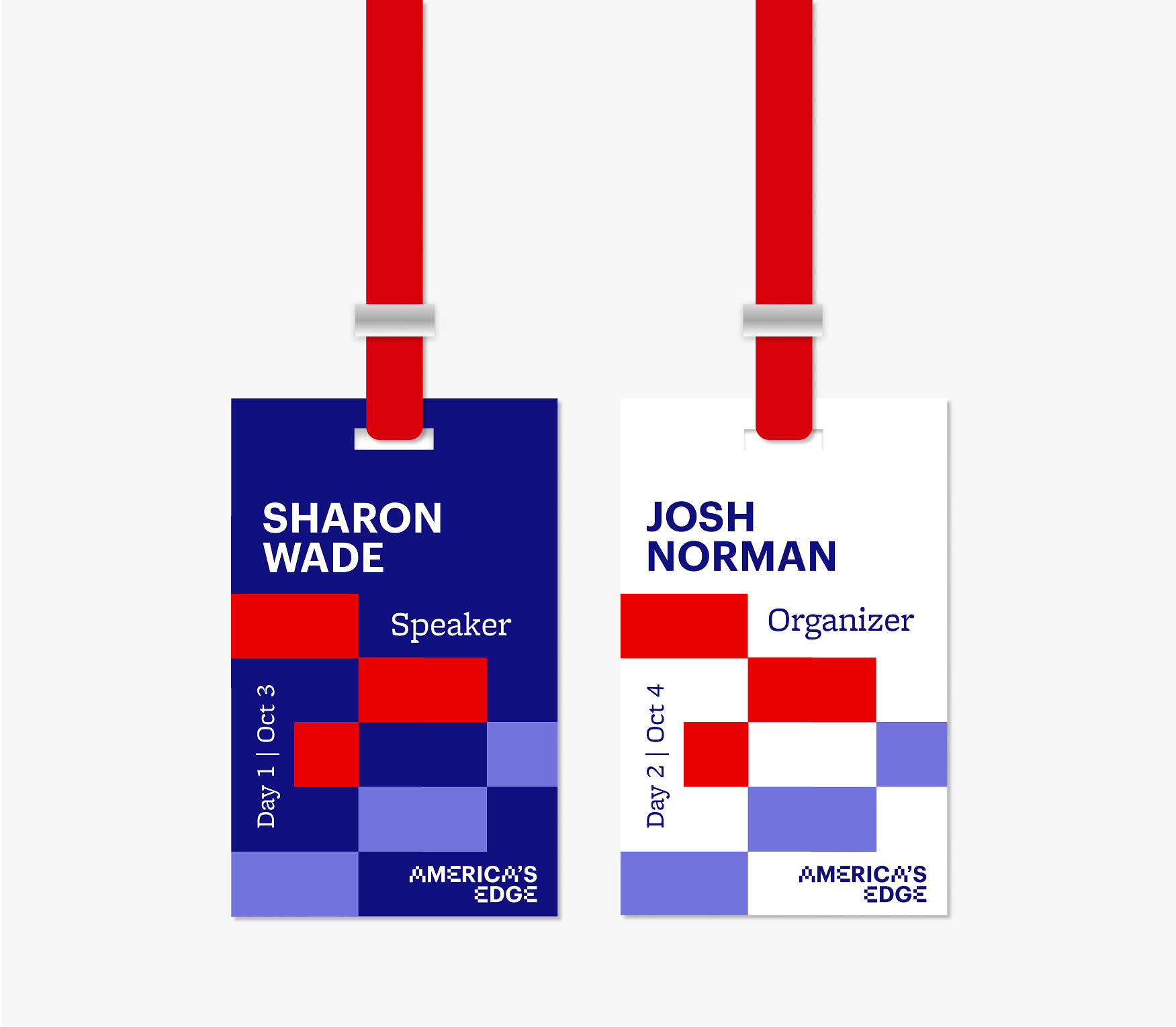 Two conference lanyards: Sharon Wade, Speaker, Day 1 Oct 3 in navy; Josh Norman, Organizer, Day 2 Oct 4 in white