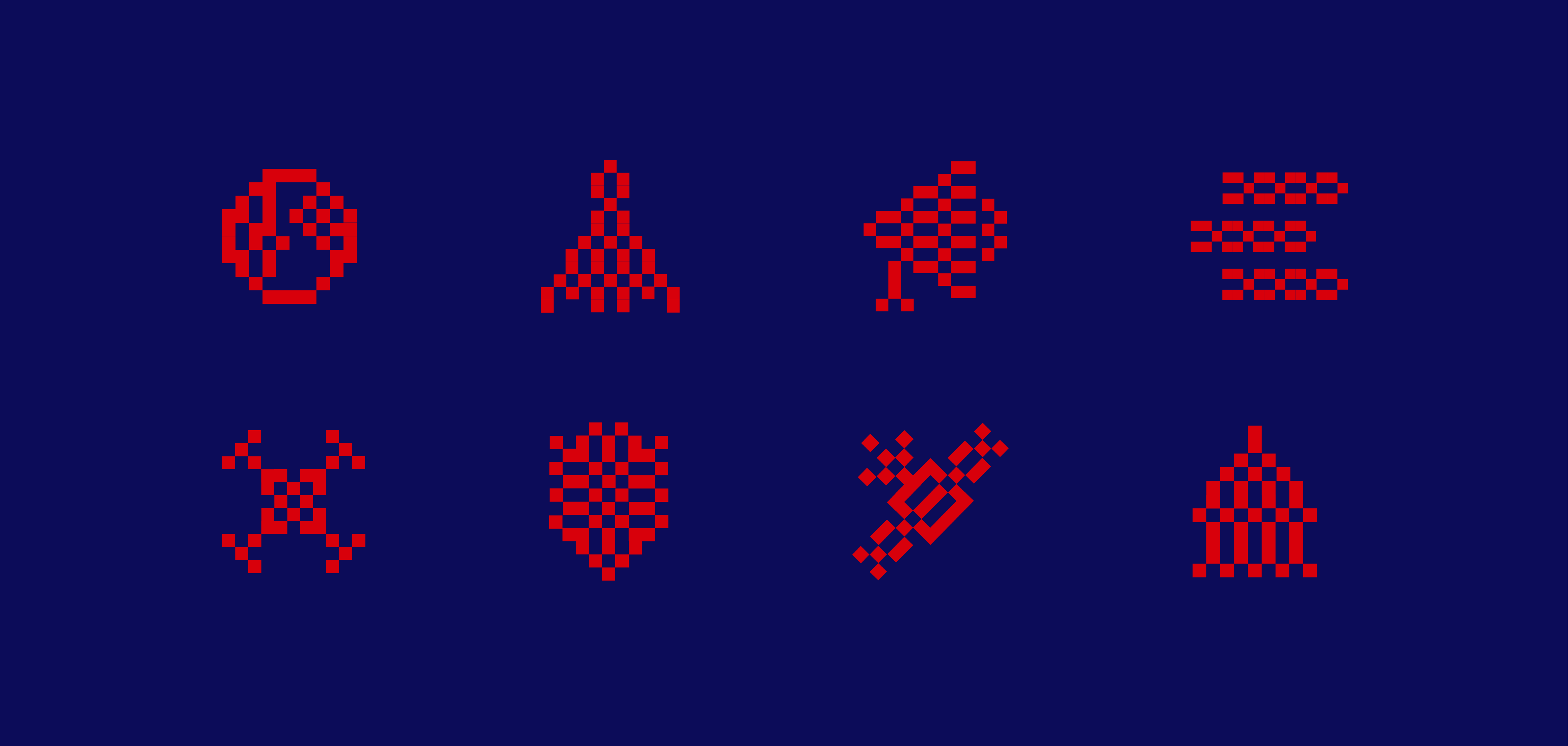 Eight red pixel-built icons on navy: globe, rocket, eagle, signal, drone, shield, burst and capitol