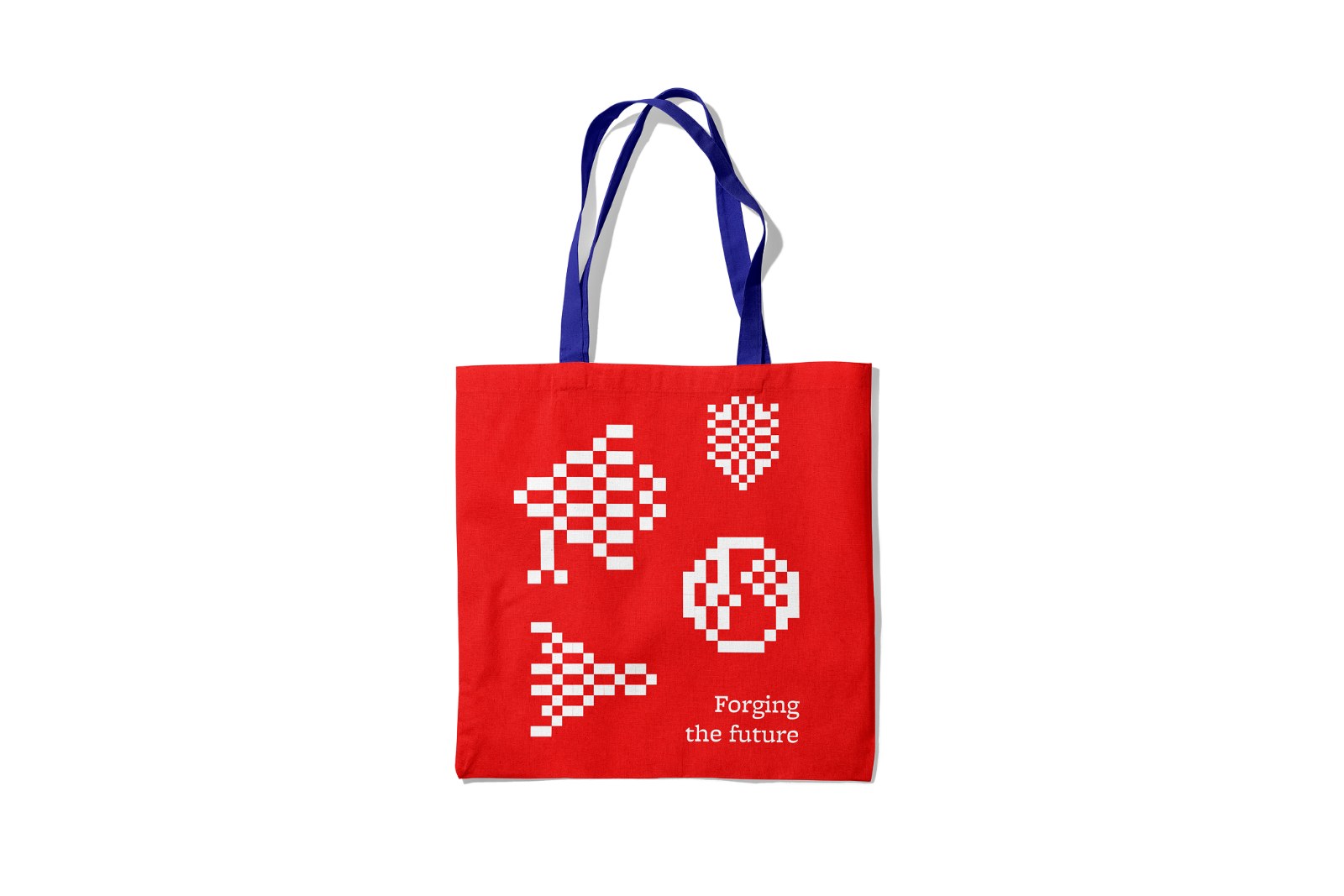 Red America's Edge tote bag with blue handles, white pixel icons and Forging the future
