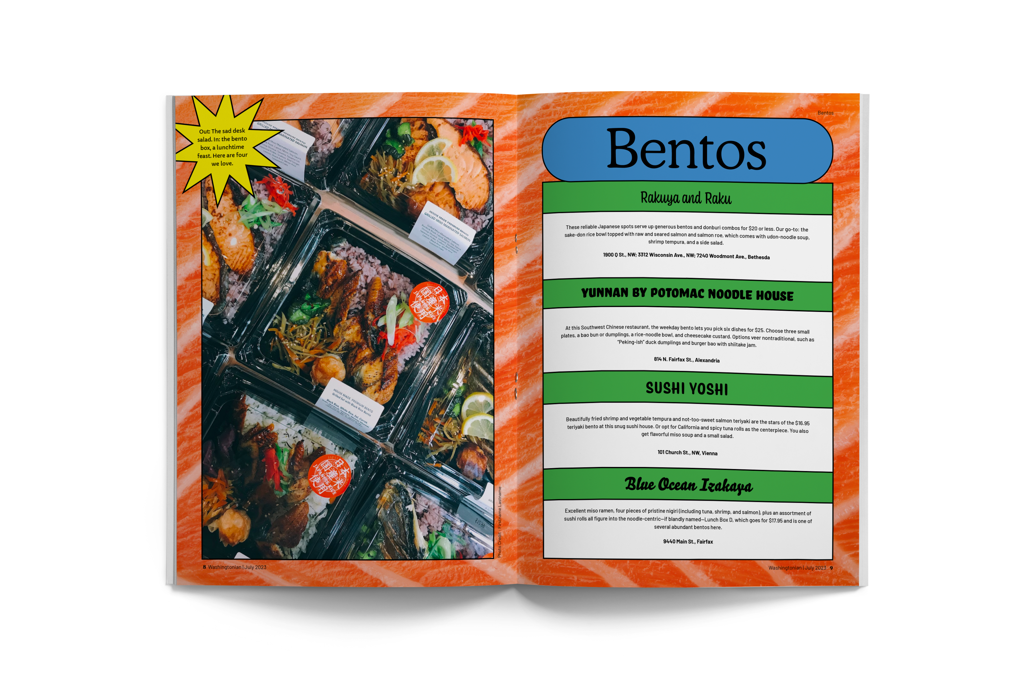 Bentos spread — orange striped layout with a blue title pill and green listing bars