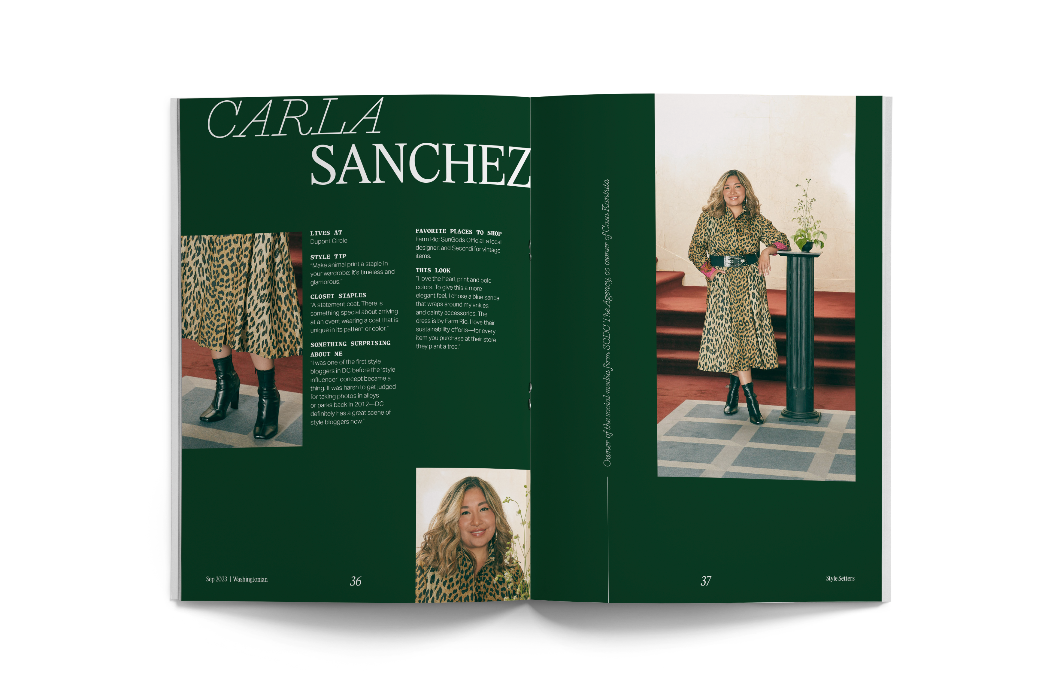 Style Setters — Carla Sanchez profile spread on forest green with leopard-print dress