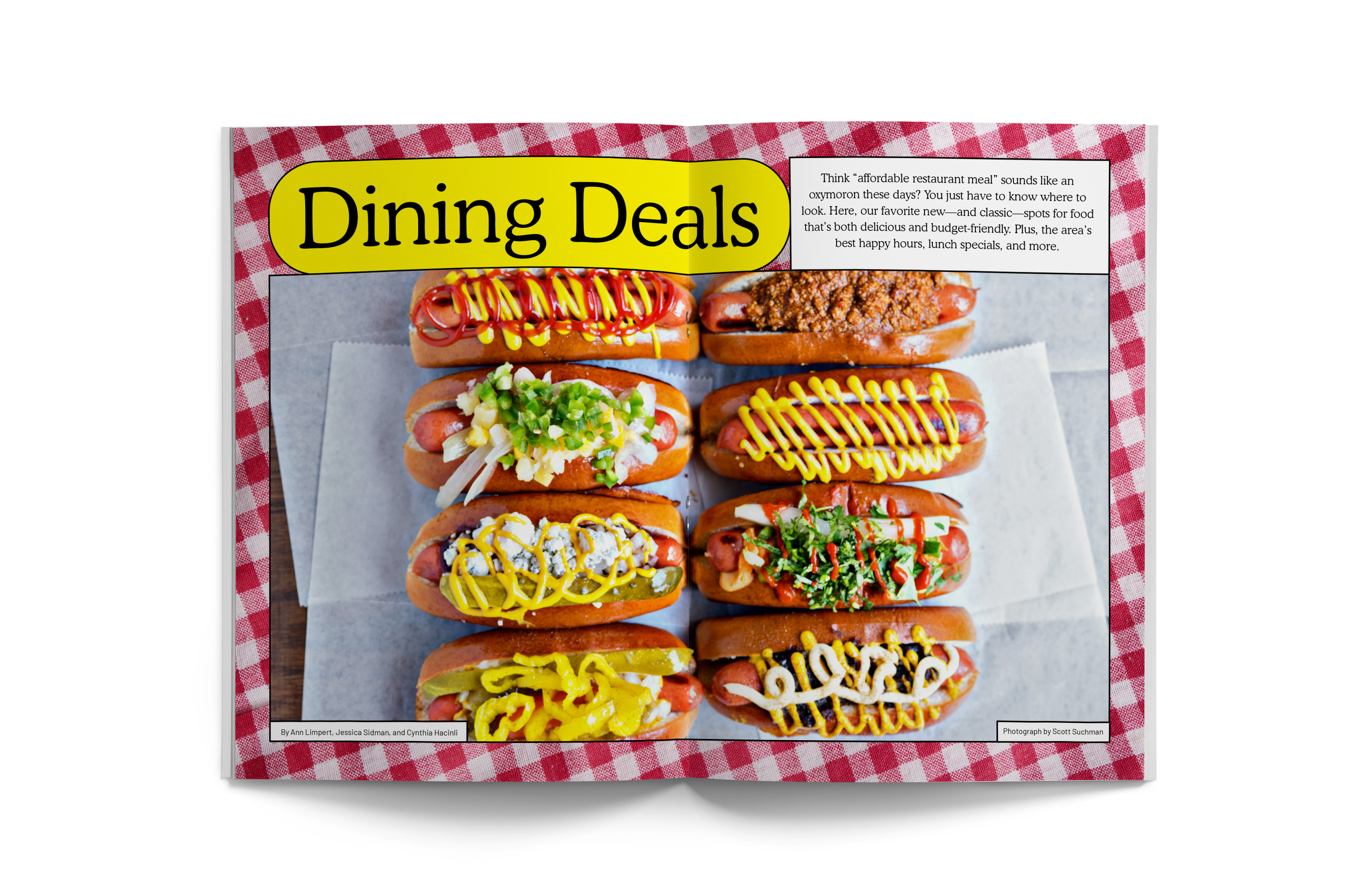 Dining Deals opener — gingham spread with a yellow title pill and a grid of loaded hot dogs