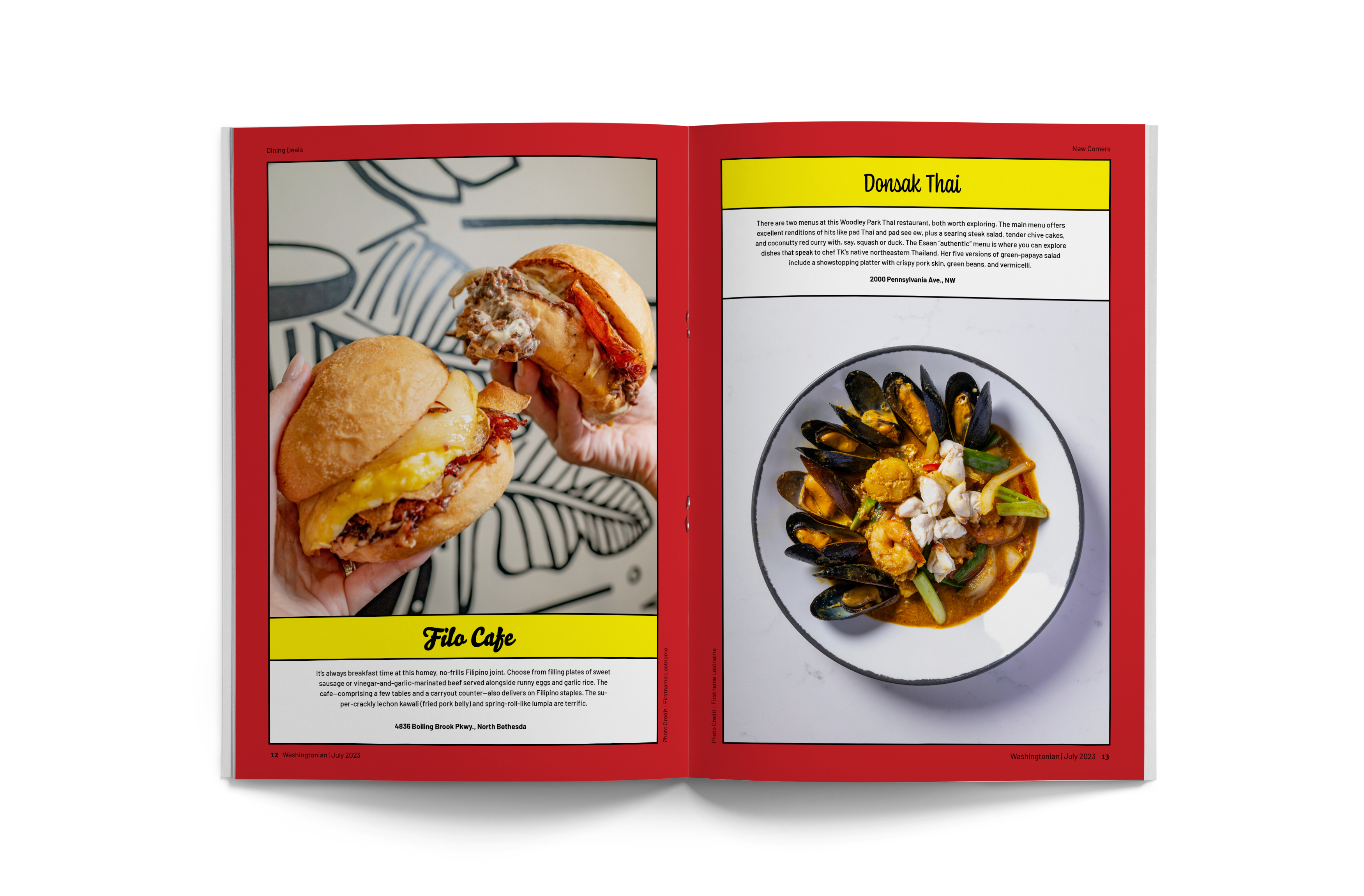 New Comers spread — Filo Cafe breakfast sandwiches and Donsak Thai seafood curry on red