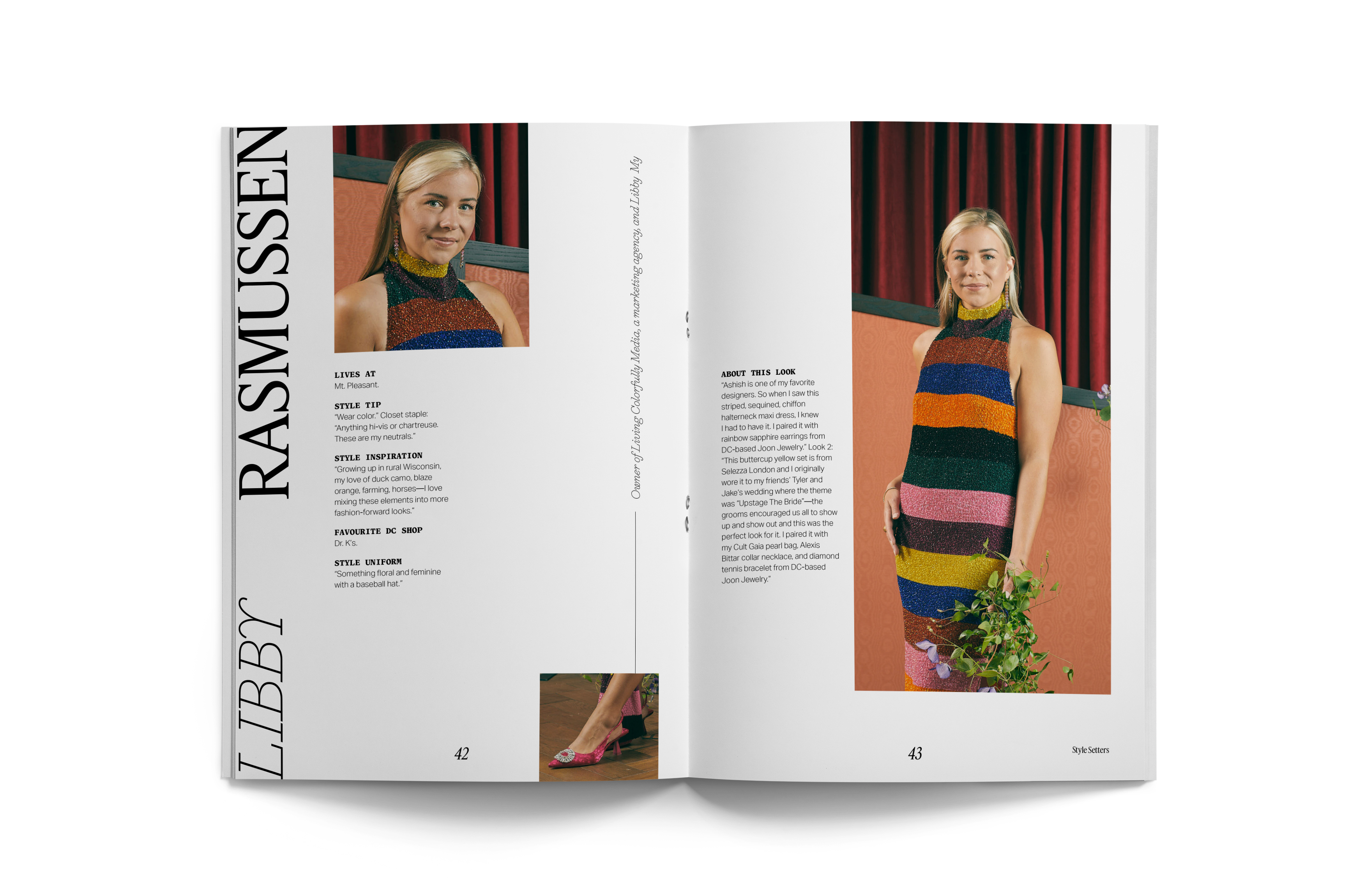 Style Setters — Libby Rasmussen profile spread with colourful striped halter dress