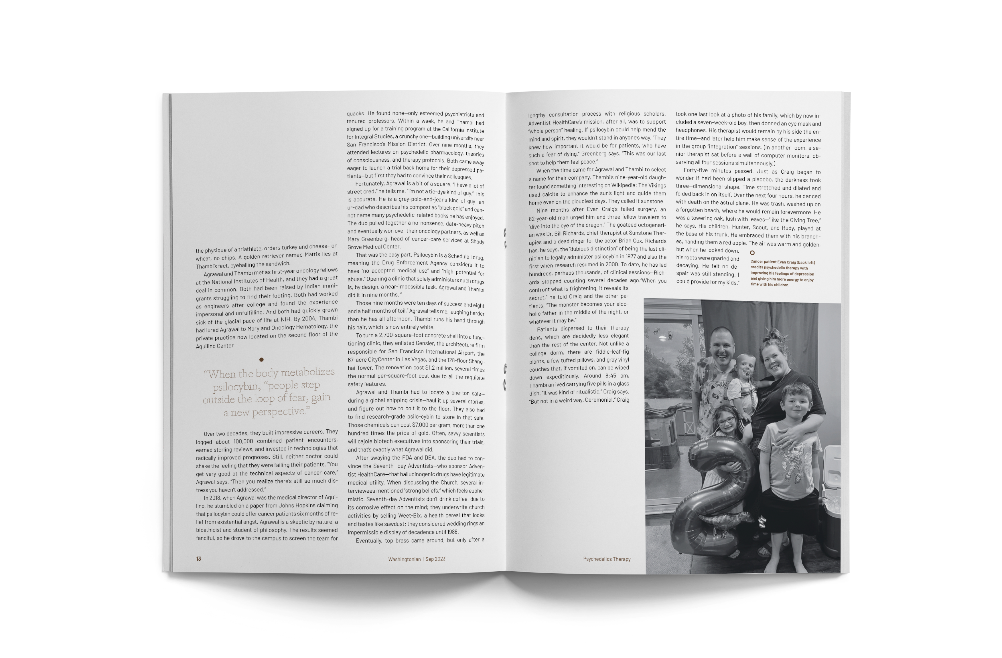 Psychedelics Therapy feature, page 13, with a black-and-white family portrait