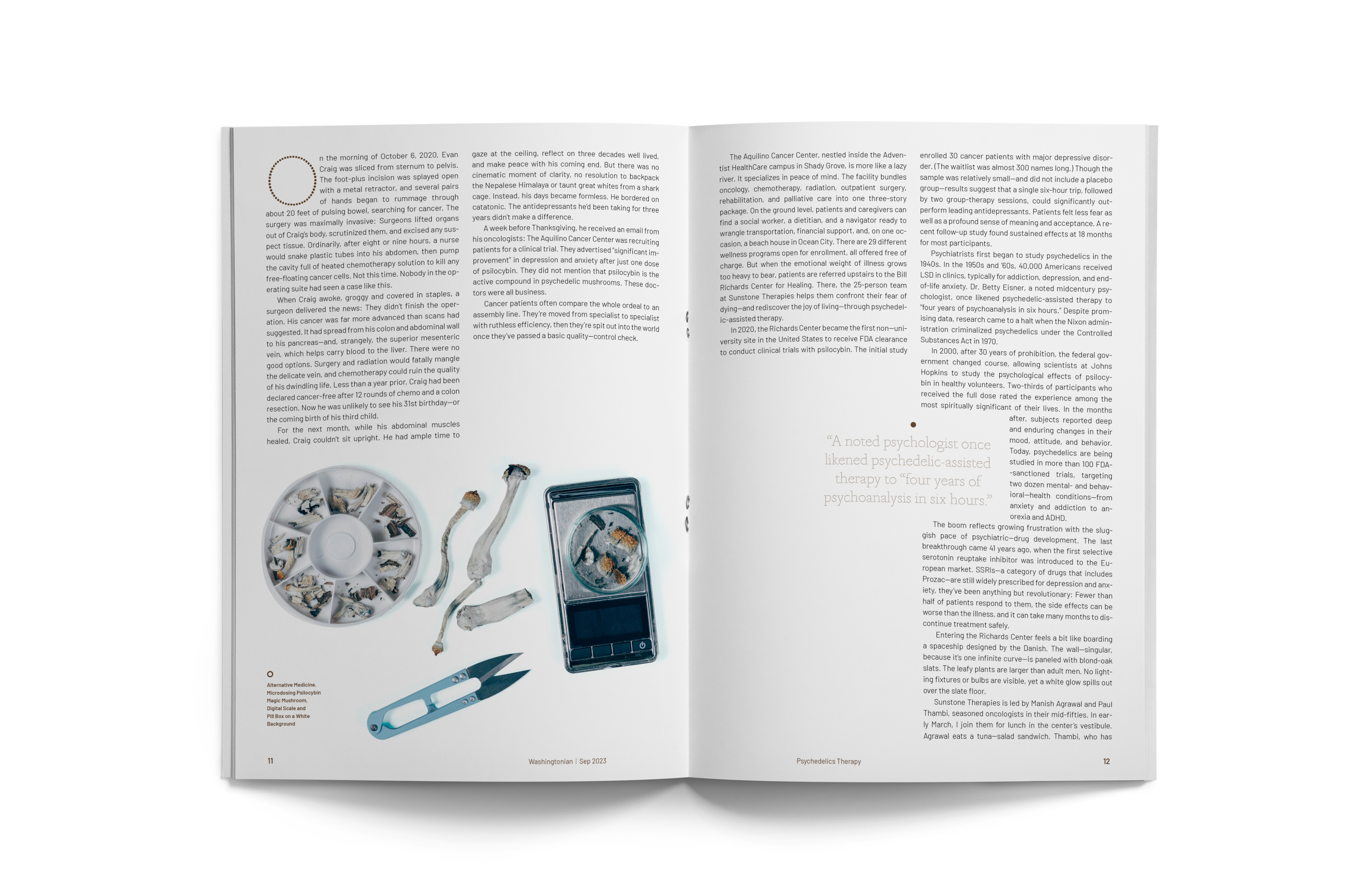 Psychedelics Therapy feature, pages 11–12, with a pill box, scale and mushrooms photographed on white
