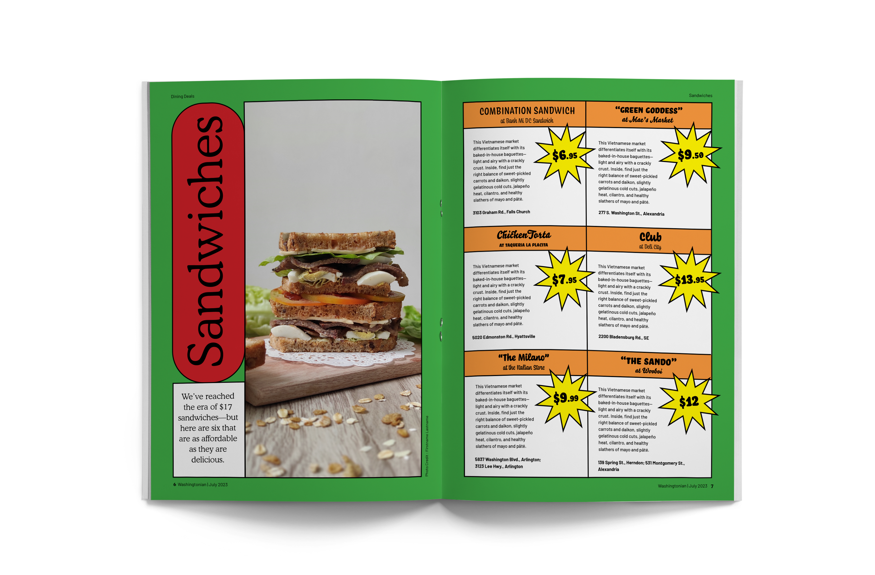 Sandwiches spread — green layout with a vertical title and starburst price tags