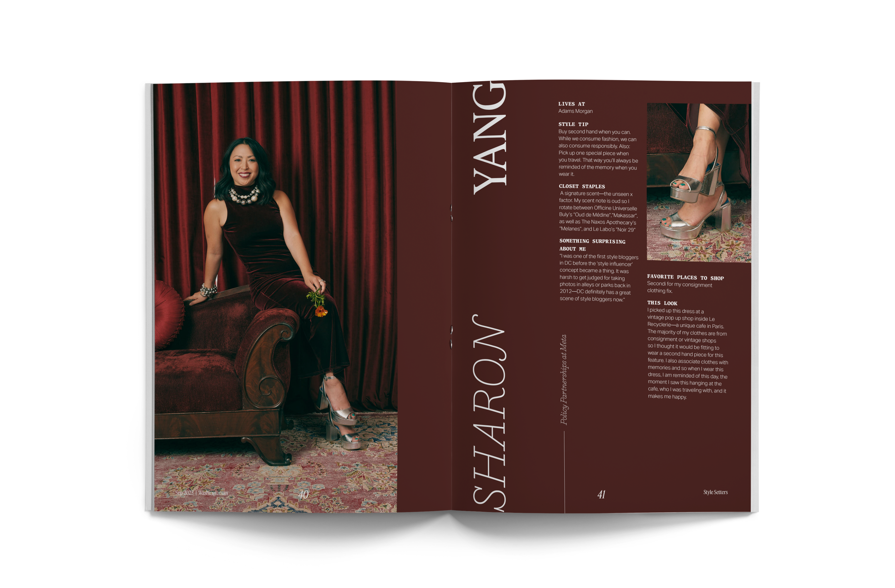 Style Setters — Sharon Yang profile spread on deep maroon with vertical name type