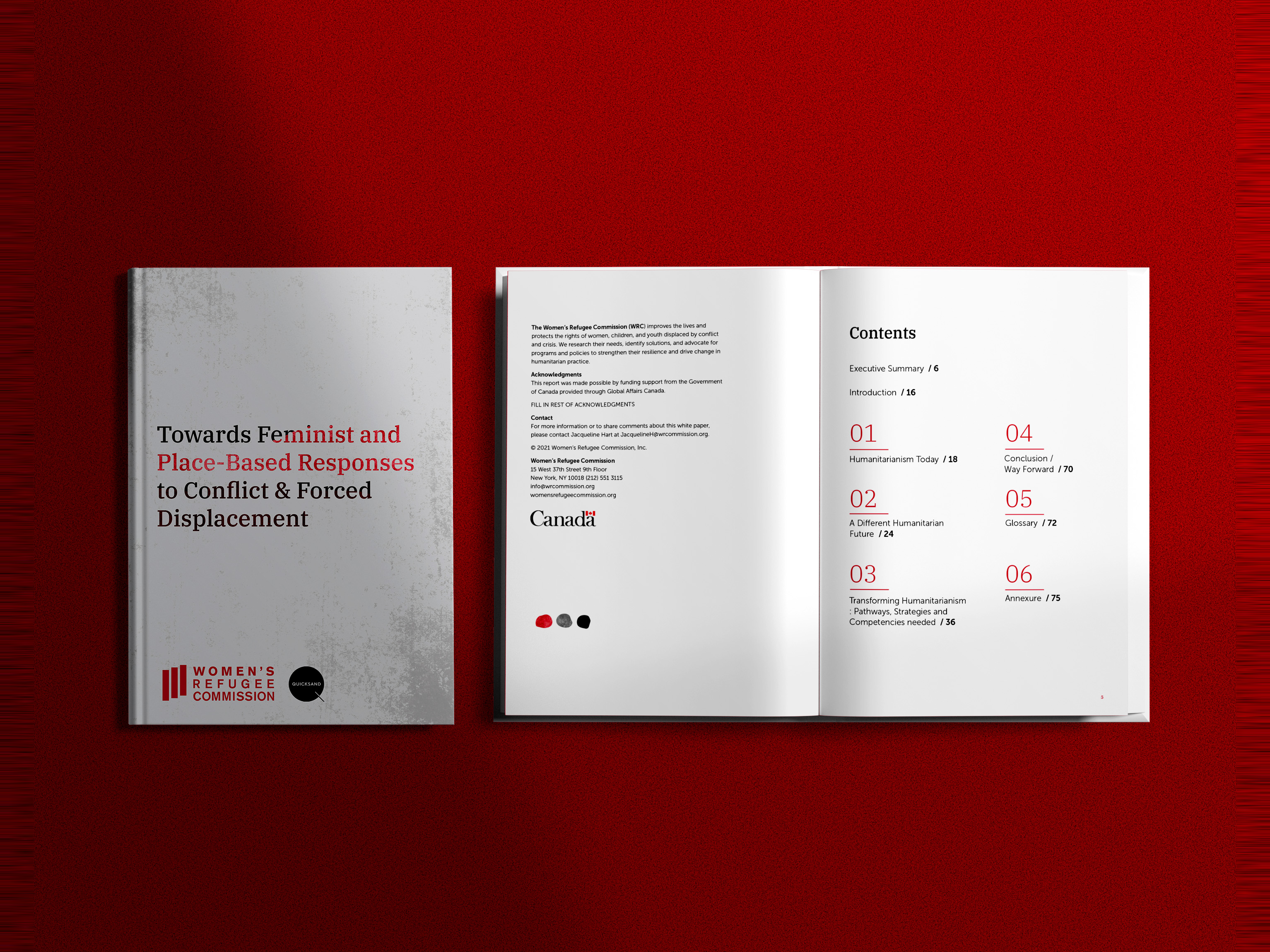 Towards Feminist and Place-Based Responses to Conflict & Forced Displacement — report cover and contents spread on red