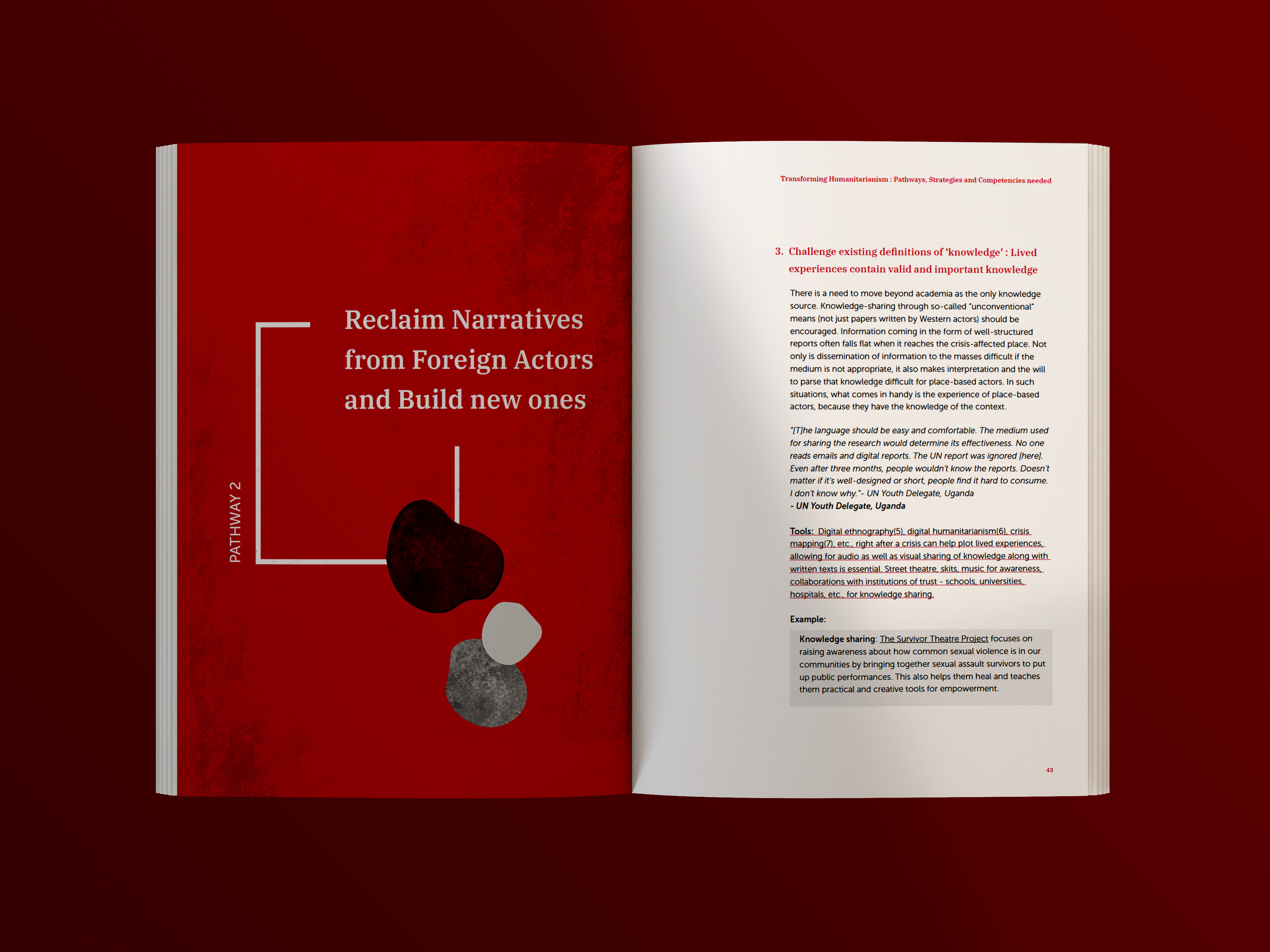 Pathway 2: Reclaim Narratives from Foreign Actors and Build new ones — red spread with organic shapes