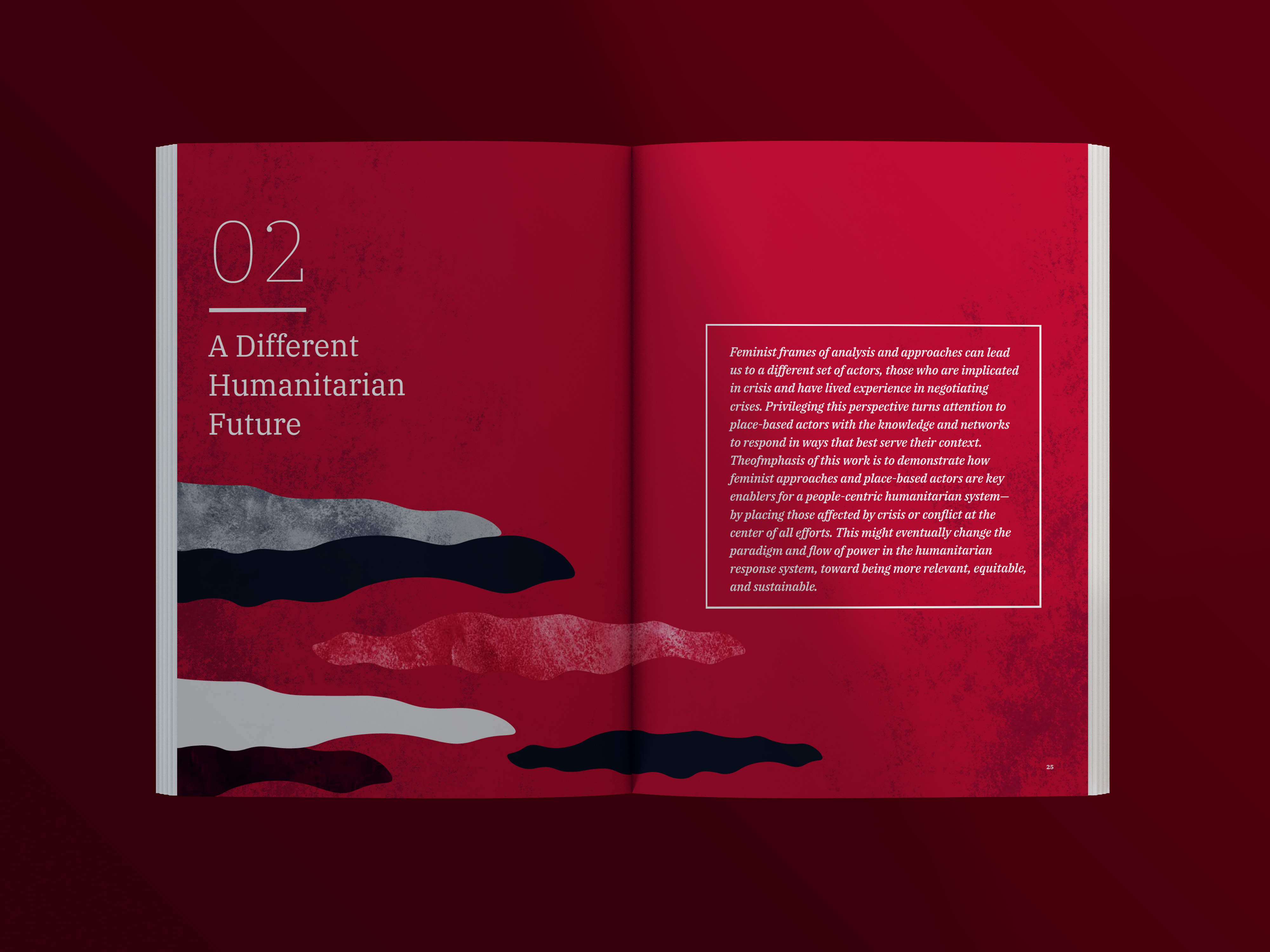 02 — A Different Humanitarian Future — crimson chapter opener with layered wave shapes