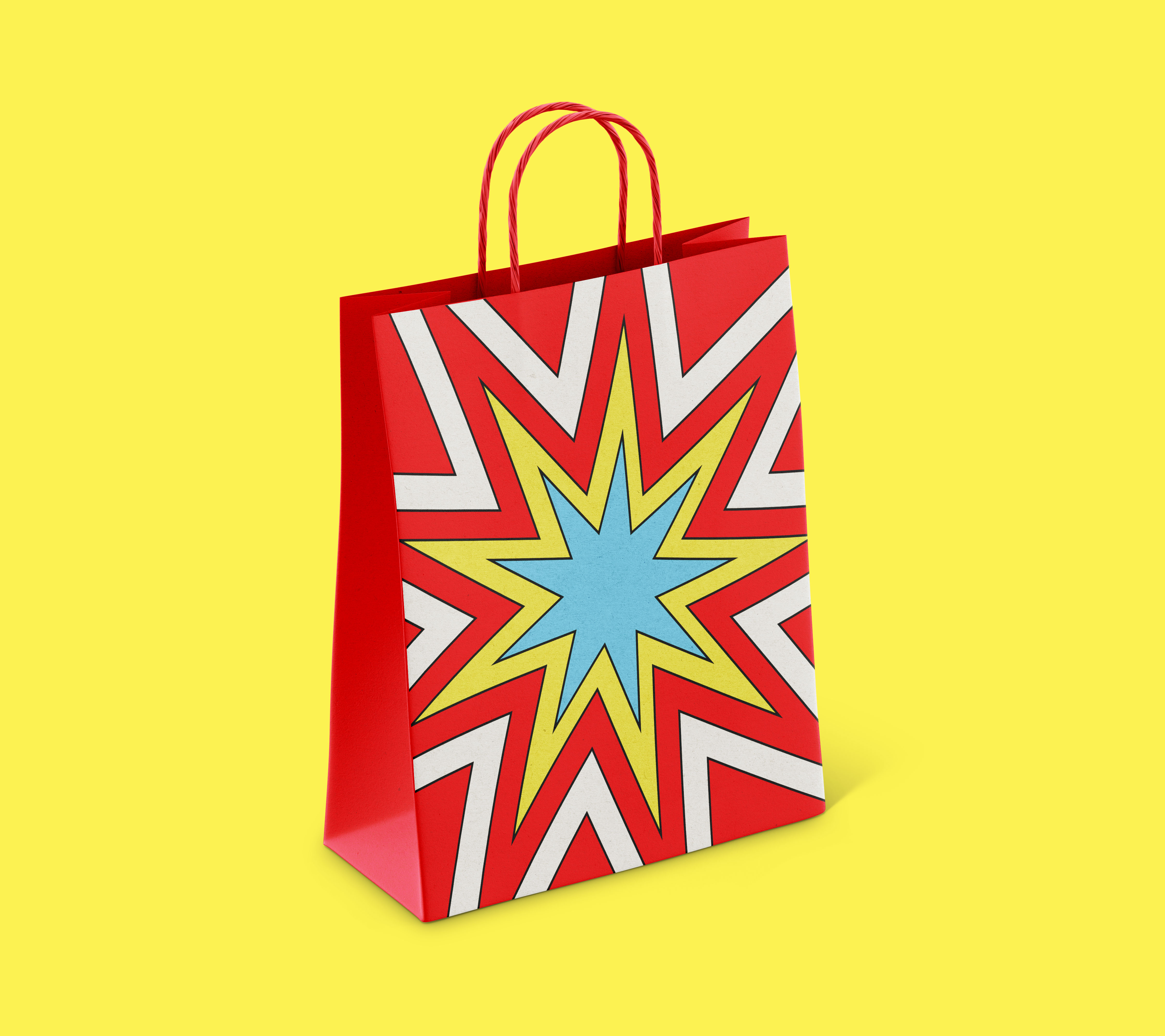 Goodie Bag red starburst shopping bag mockup on yellow background
