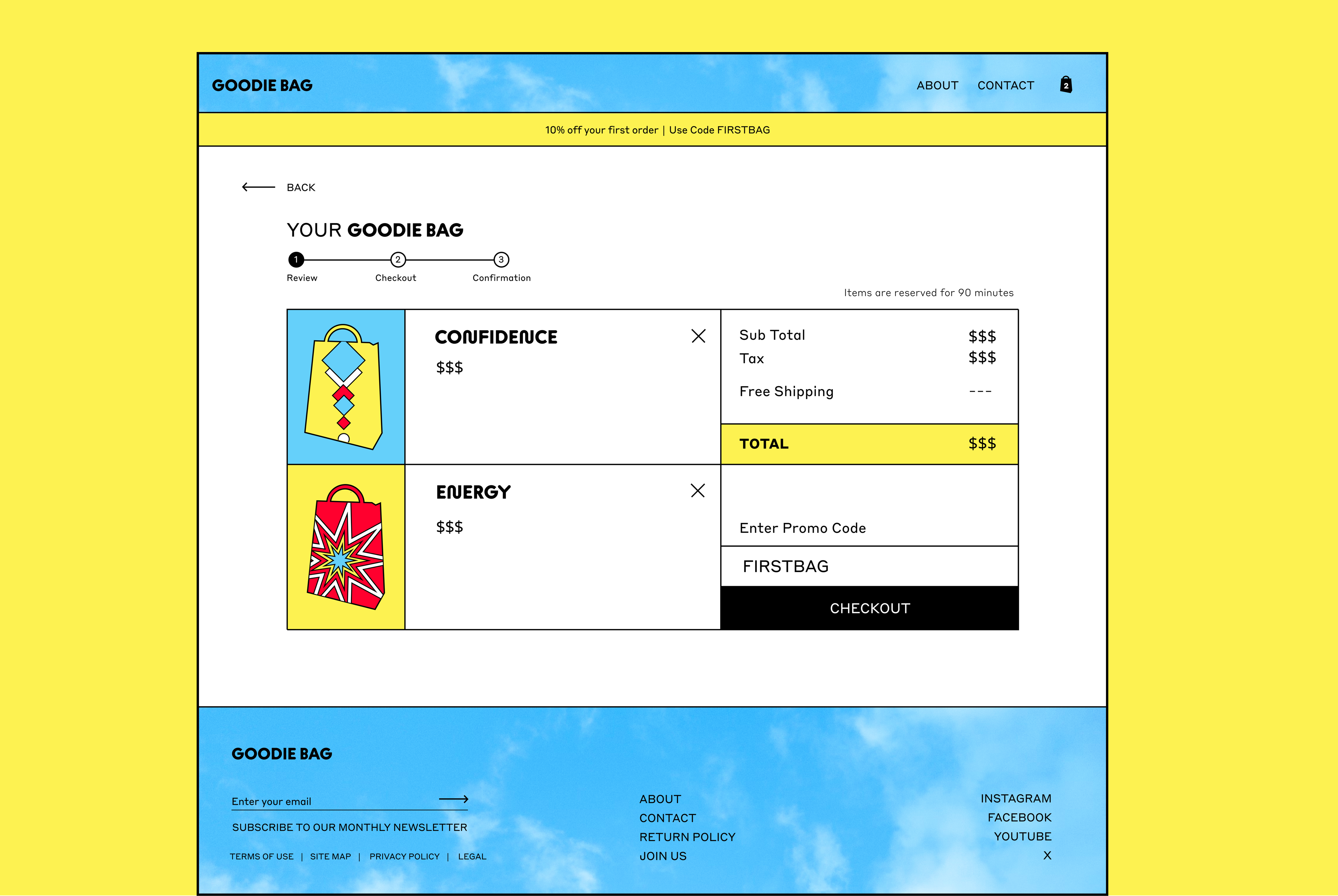 Goodie Bag cart and checkout sidebar screen
