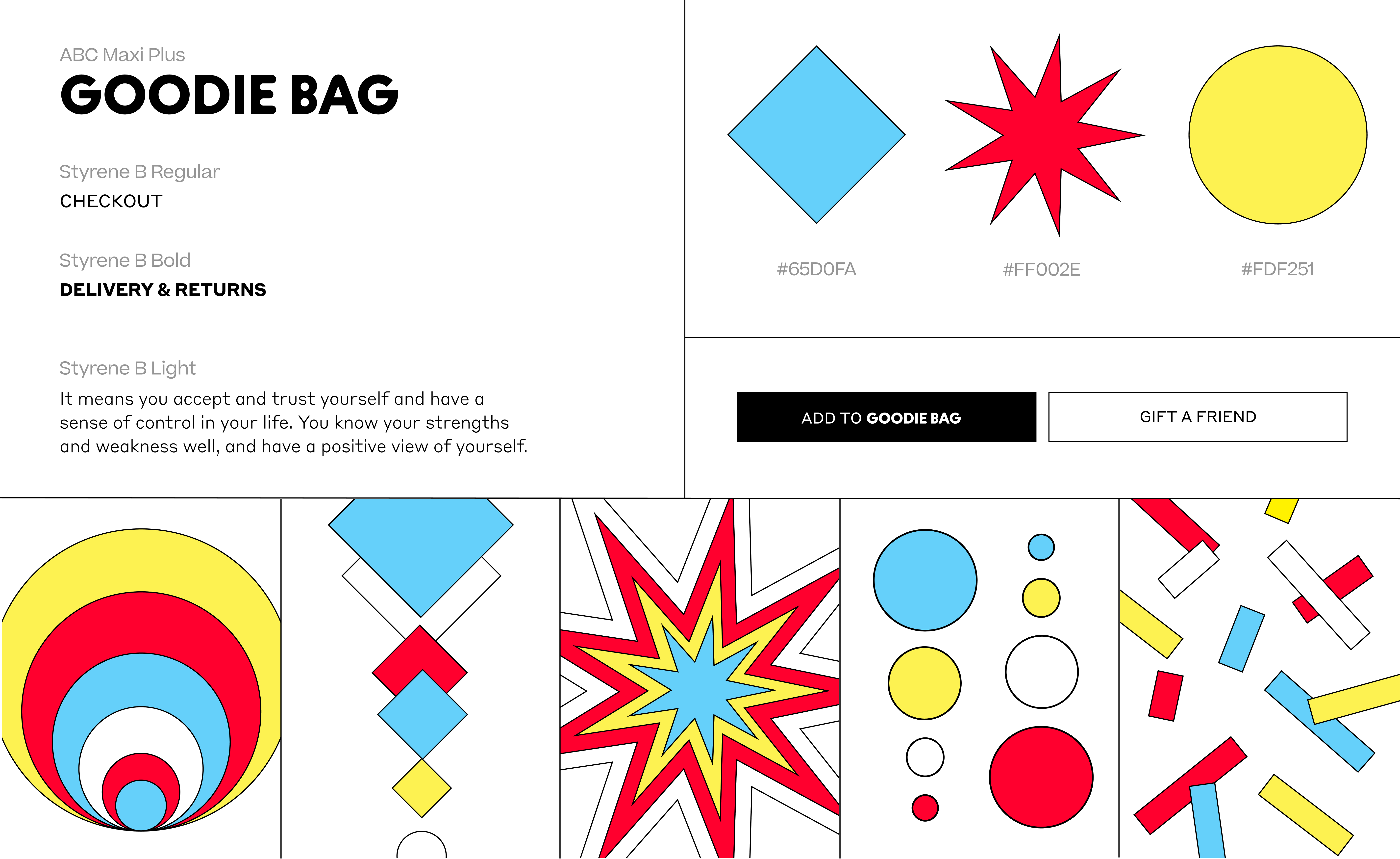 Goodie Bag identity system colors, typography, and shape rules