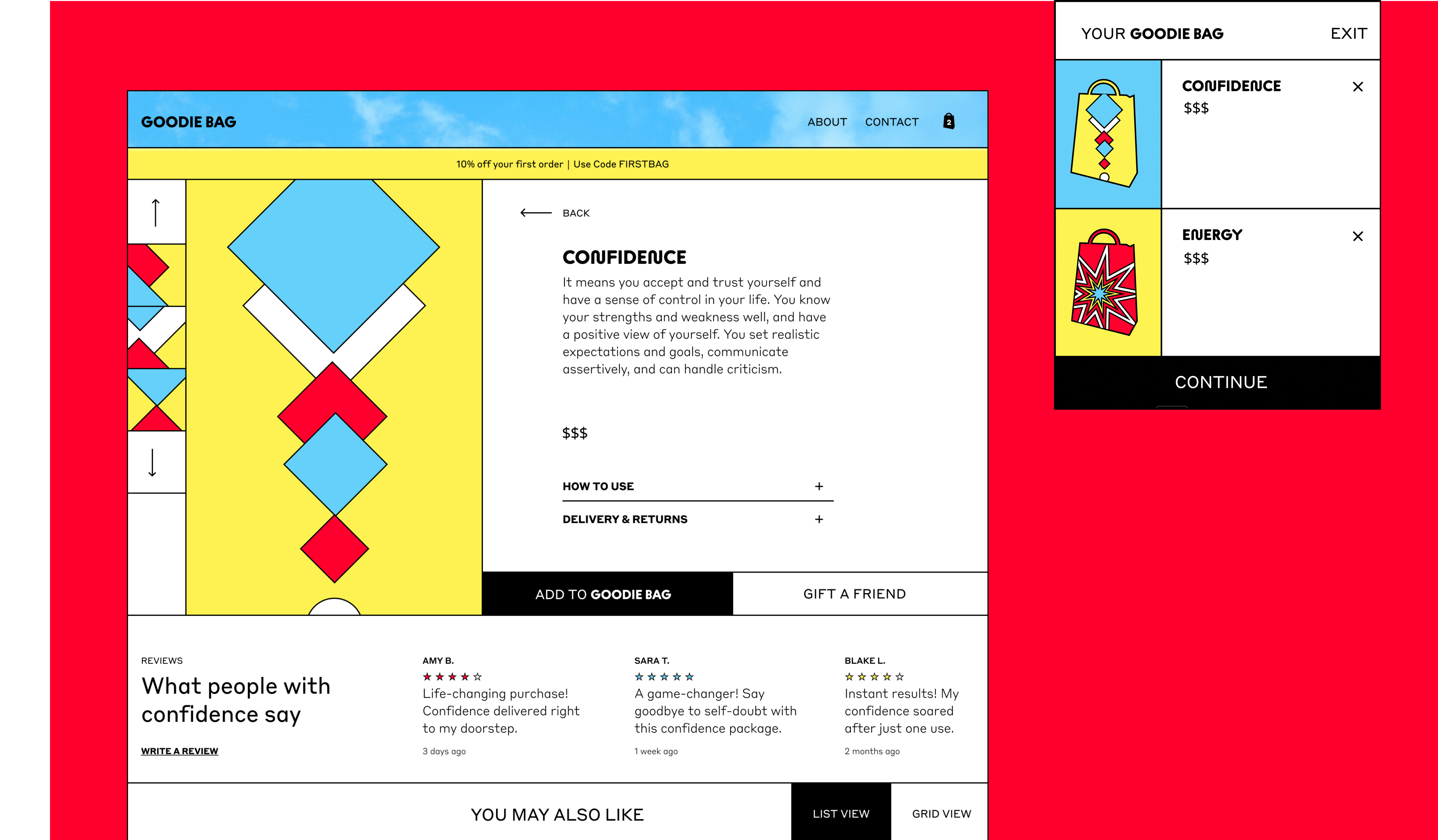 Goodie Bag product details screen with Confidence description on red