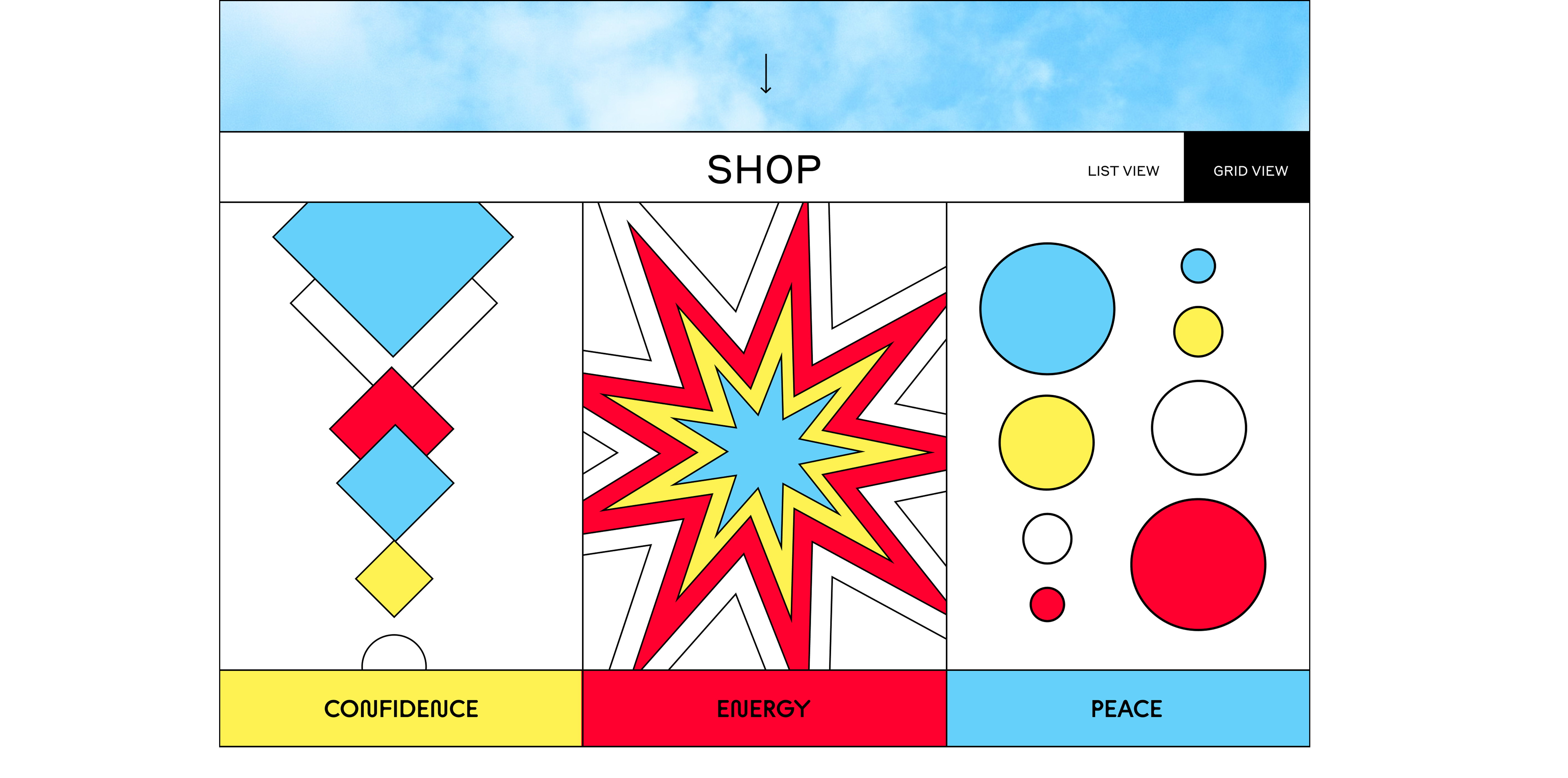Goodie Bag shop grid view showing Confidence, Energy, Peace grid items