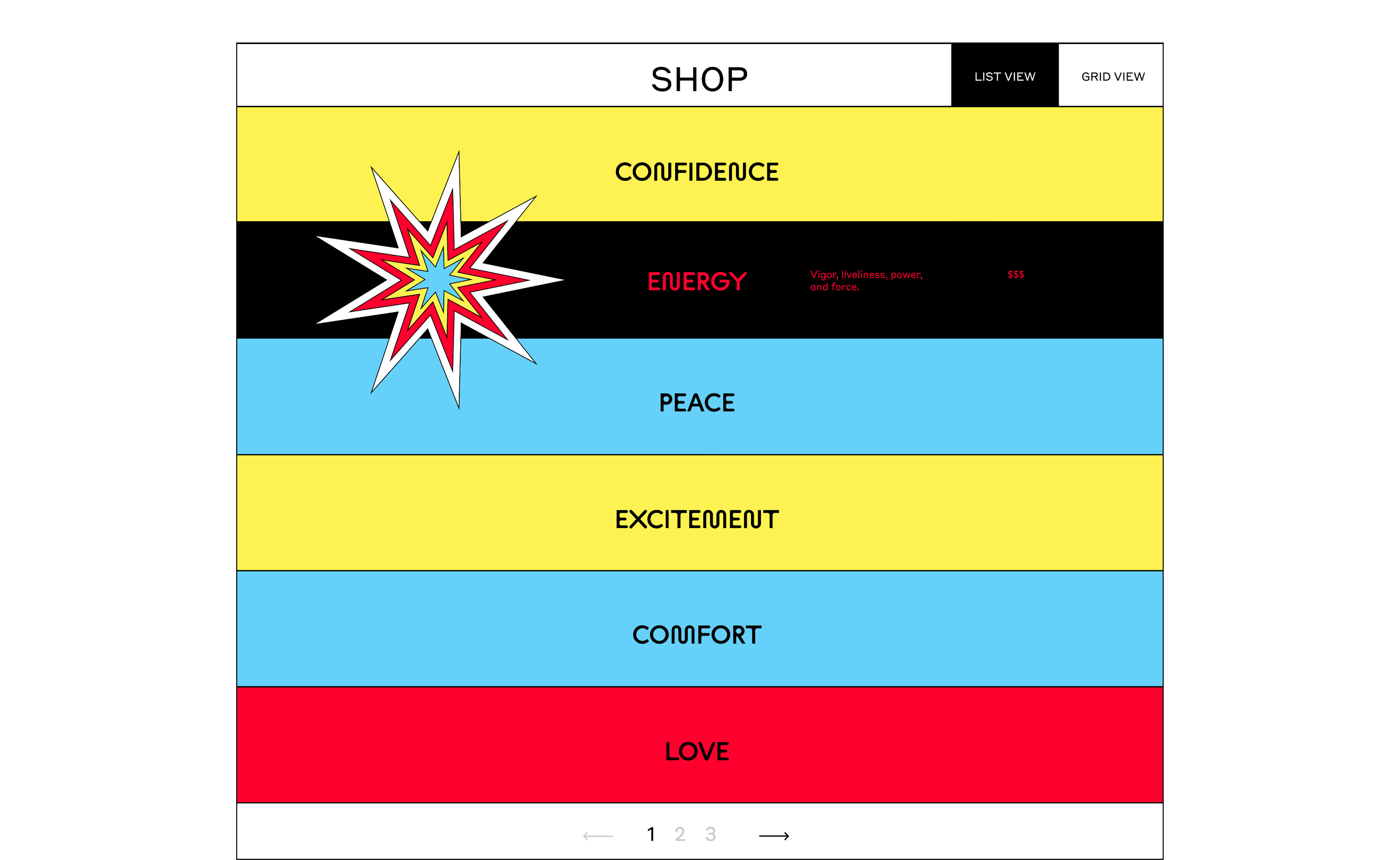 Goodie Bag shop list view showing Confidence, Energy, Peace