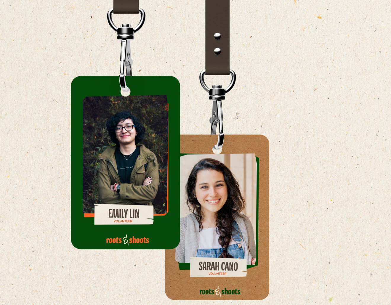 Two volunteer lanyards: Emily Lin on dark green, Sarah Cano on kraft