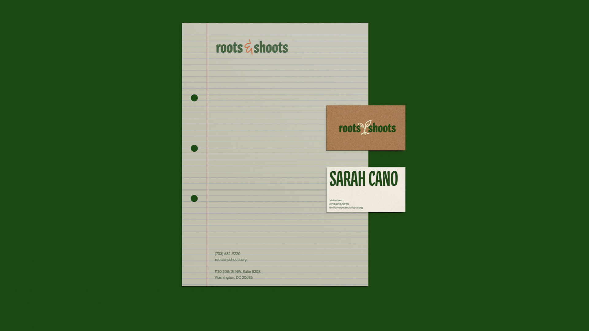 Roots & Shoots letterhead on lined paper with a kraft business card and a cream Sarah Cano card on dark green