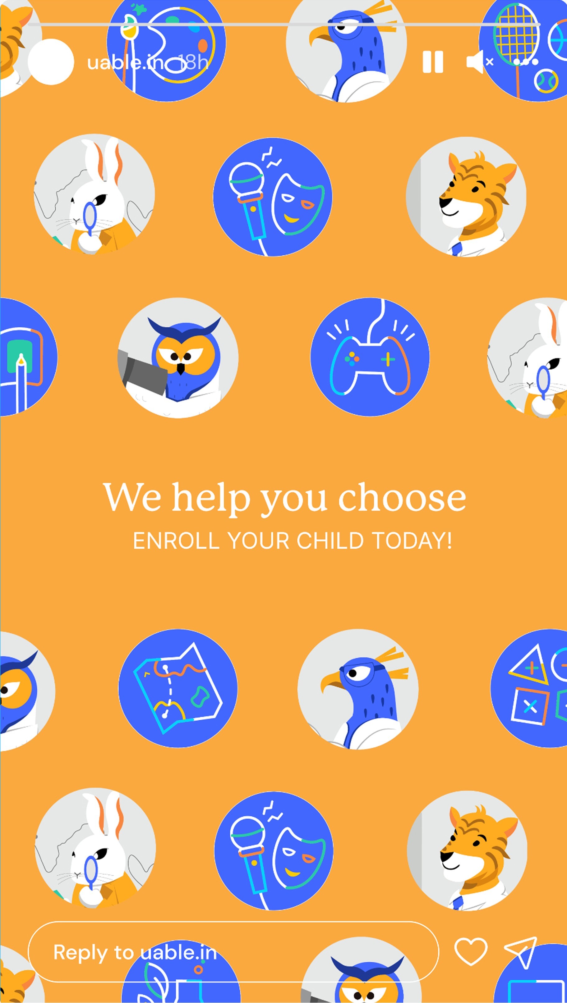 Uable story: illustrated 'We help you choose — enroll your child today' on orange