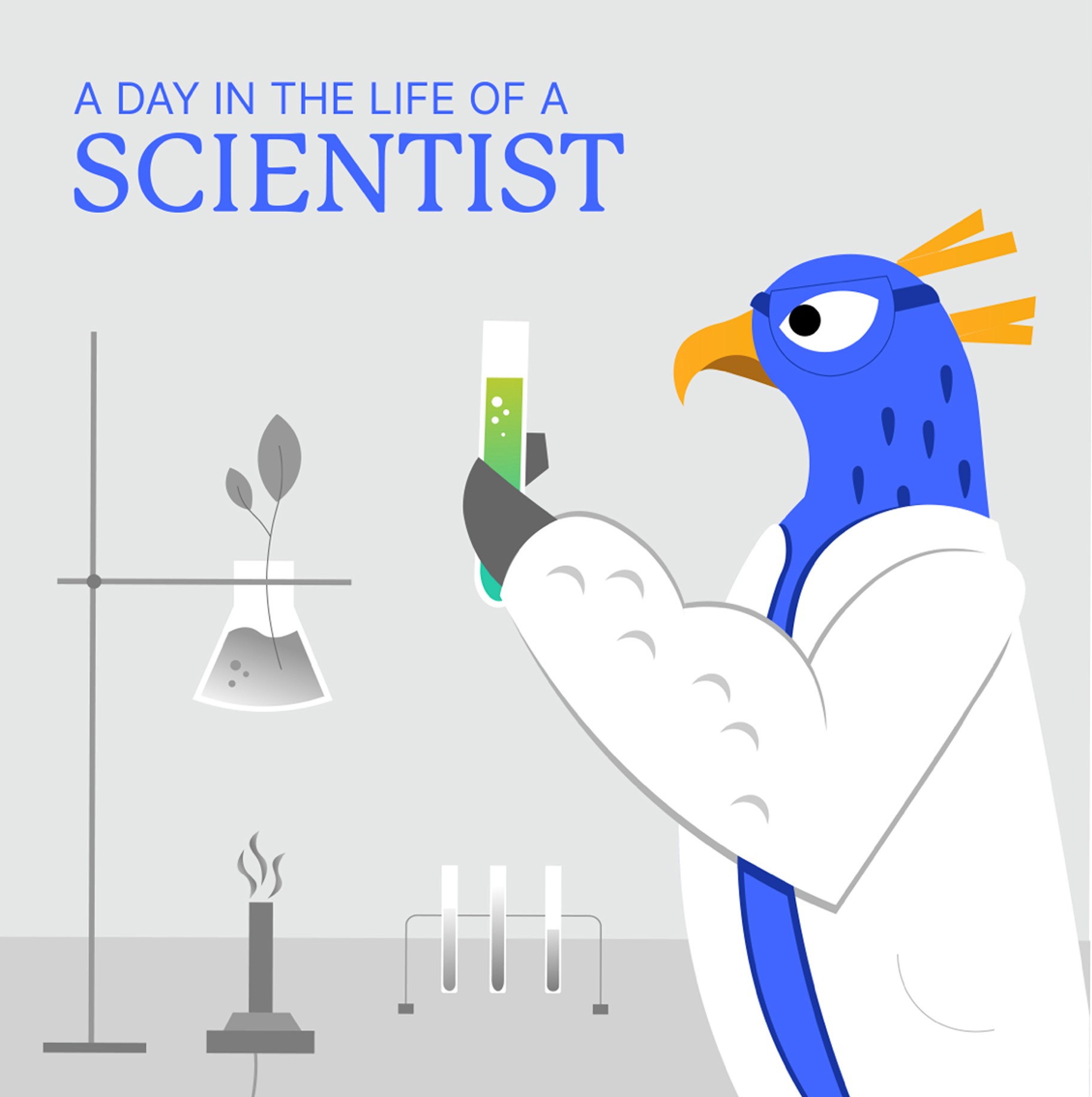 Uable post: 'A Day in the Life of a Scientist' with a falcon mascot holding a test tube