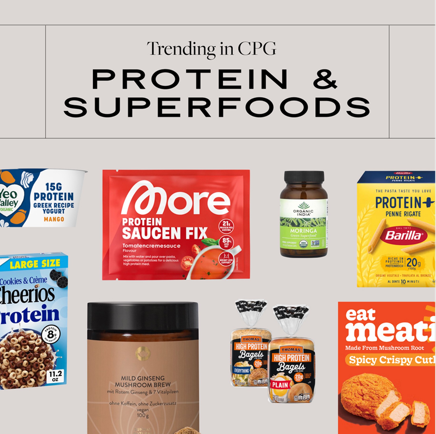 Marketing post: 'Trending in CPG — Protein & Superfoods' with packaged products