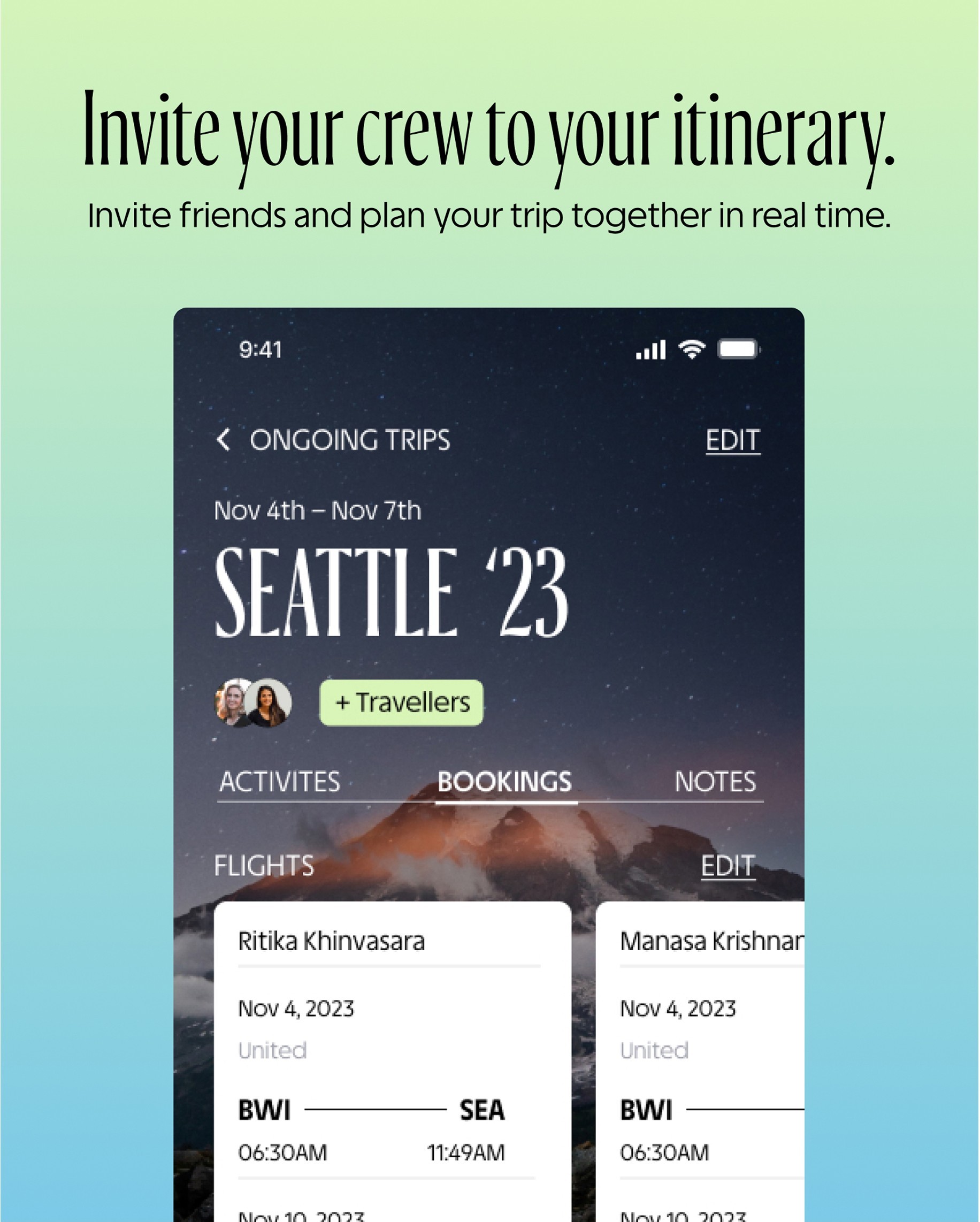 Where To post: 'Invite your crew to your itinerary' with a Seattle trip screen