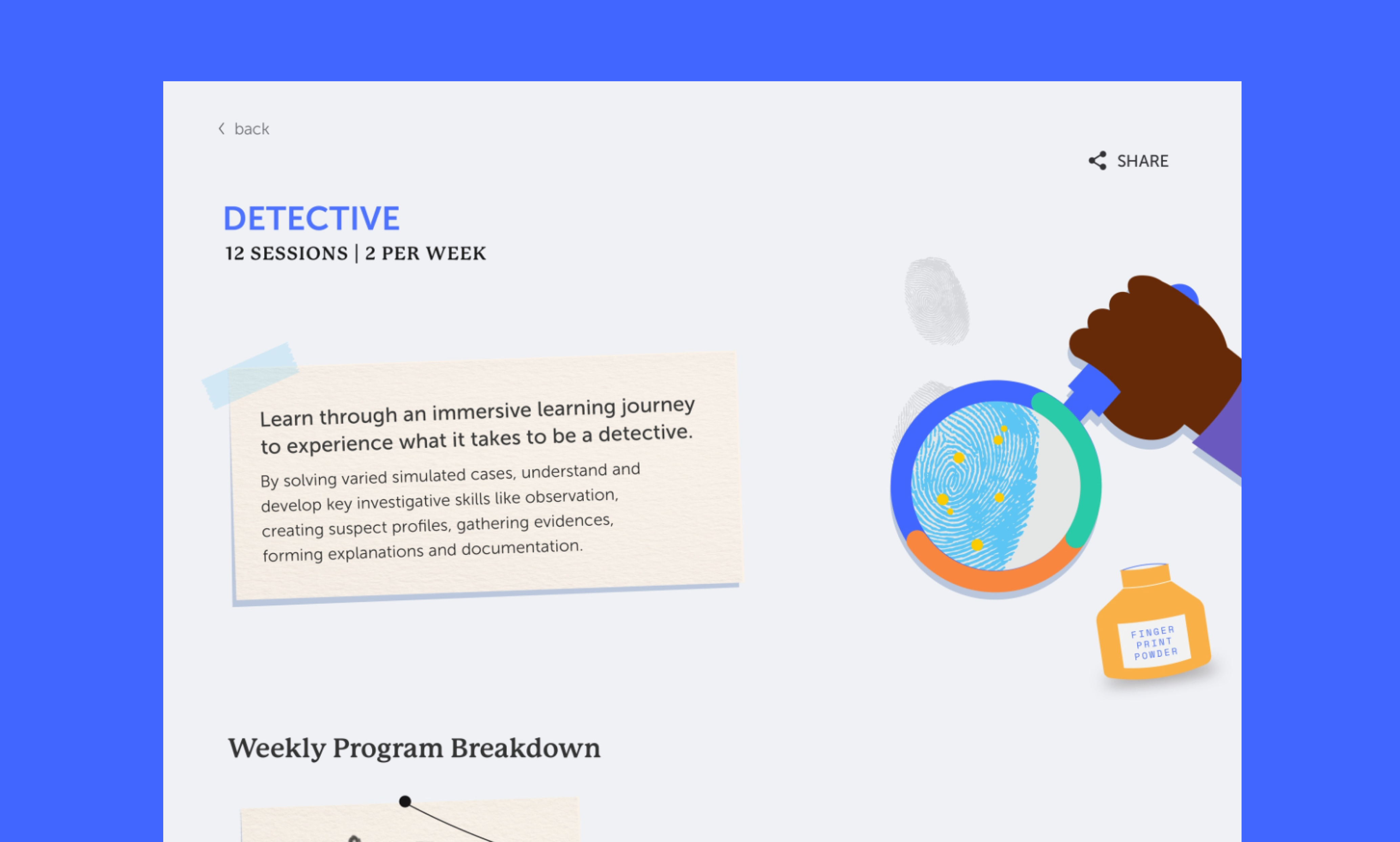 Detective session progress screen showing fingerprints and petri dish