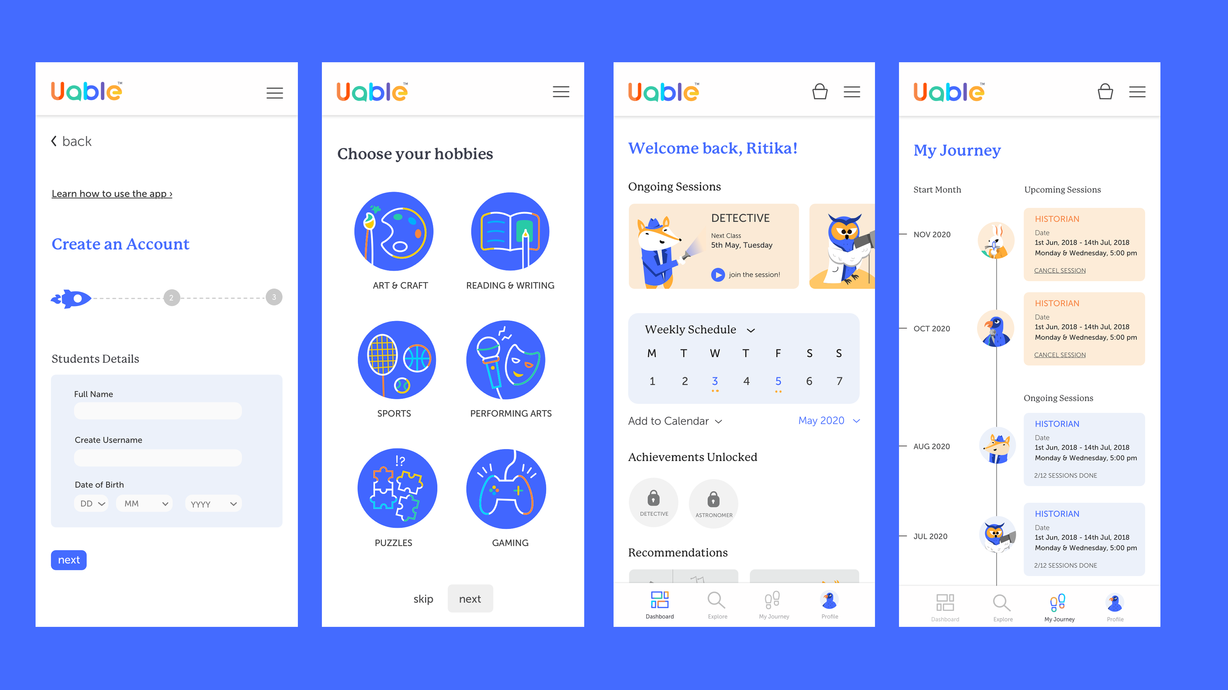 Interactive mobile mockups: Create Account, Choose hobbies, Welcome dashboard, My Journey