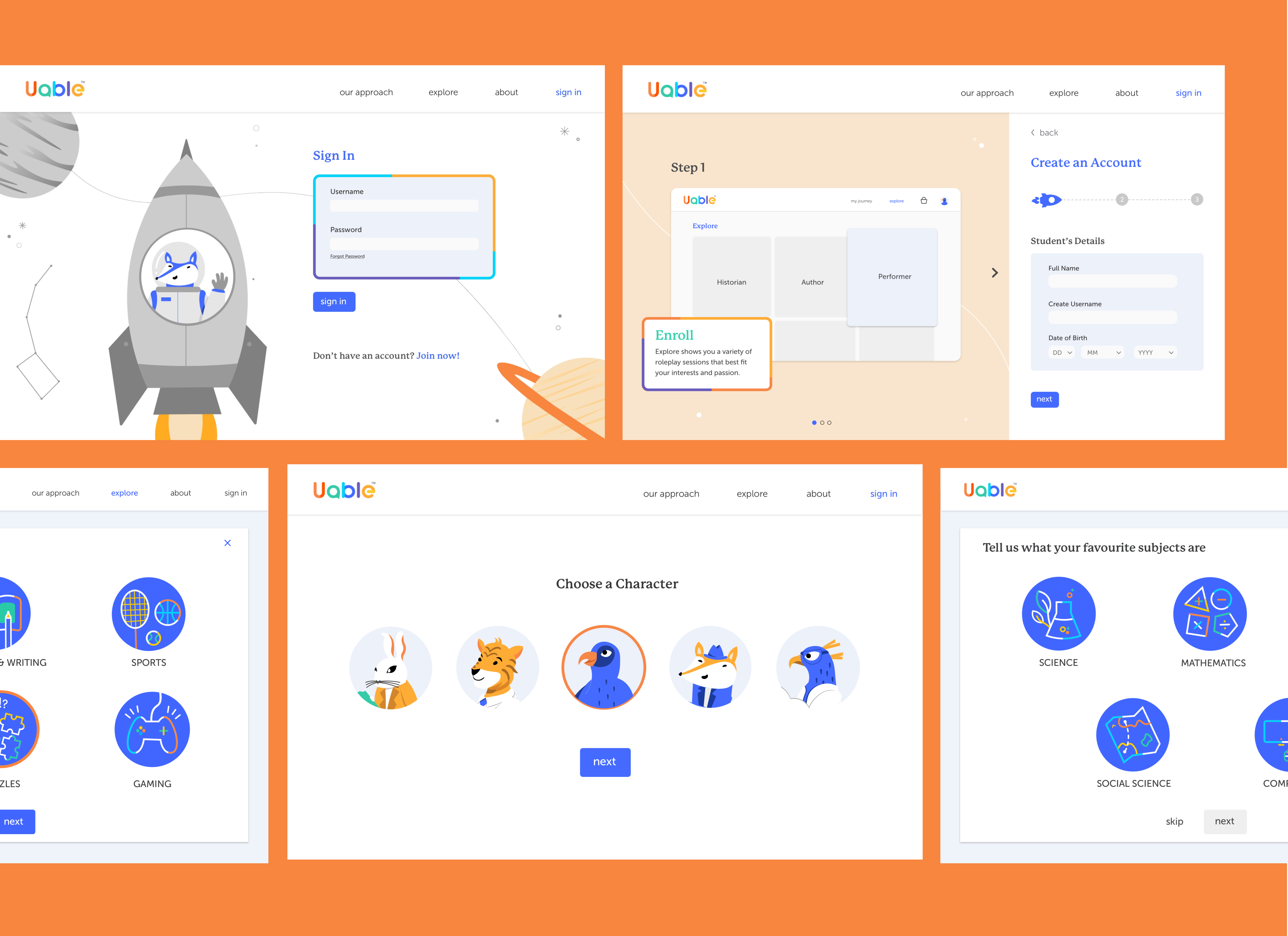 Uable onboarding flow screens collage: Sign In, Create an Account, Choose a Character