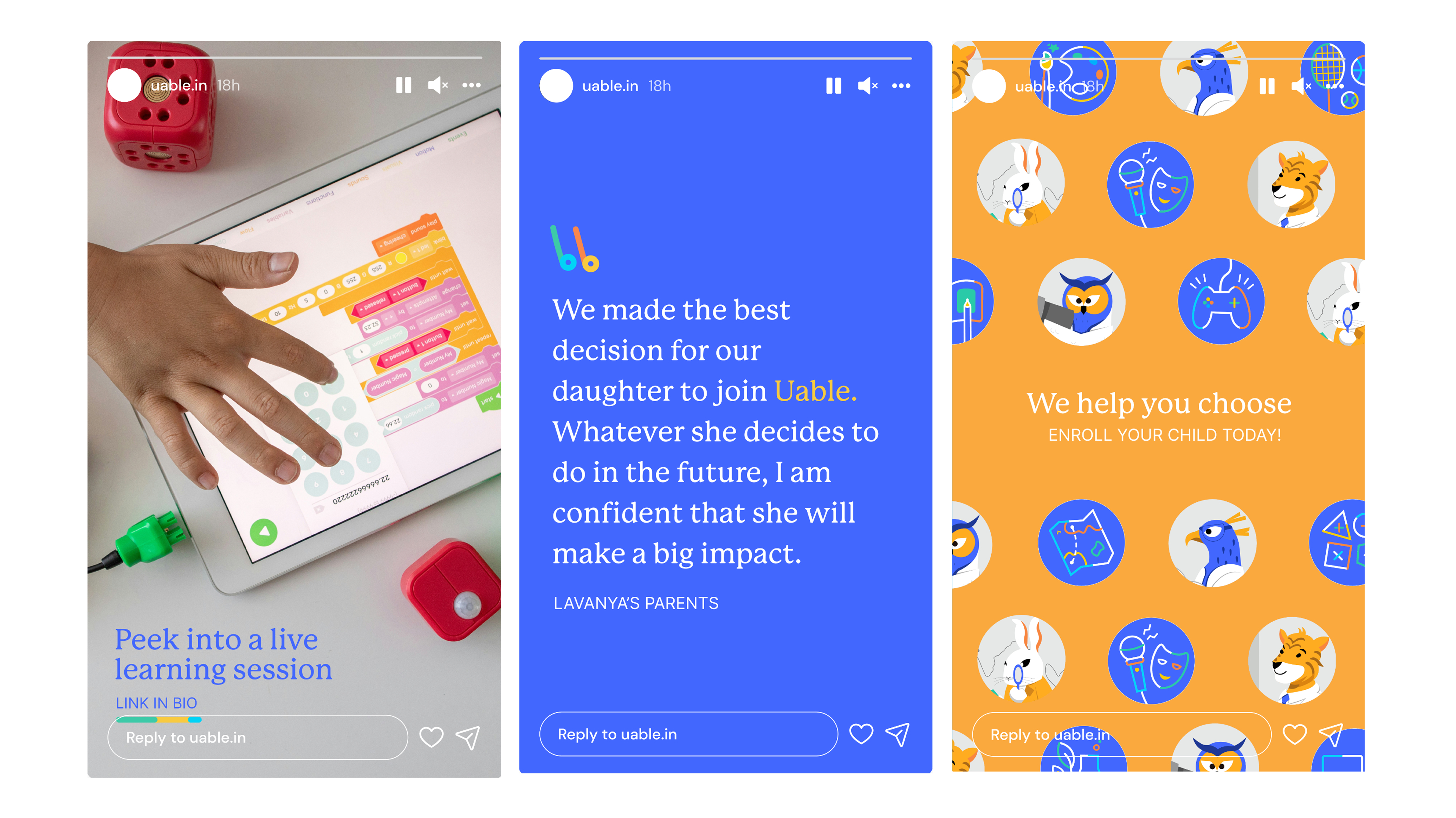 Three Uable mobile stories: Peek into a live learning session, parent testimonial, and Choose children's program card
