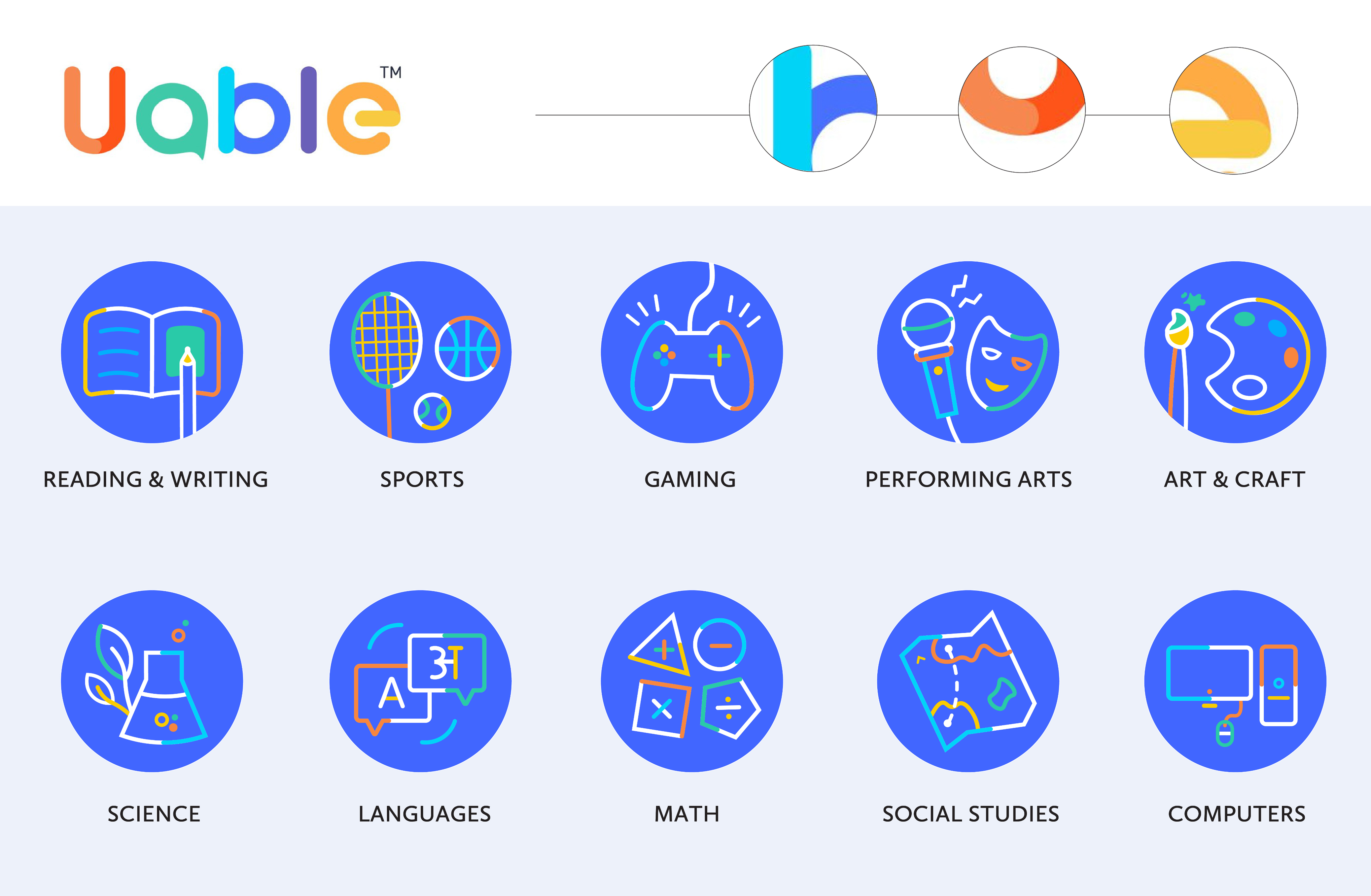 Uable subject category circular icons: Reading & Writing, Sports, Gaming, Performing Arts, Art & Craft, Science, Languages, Math, Social Studies, Computers