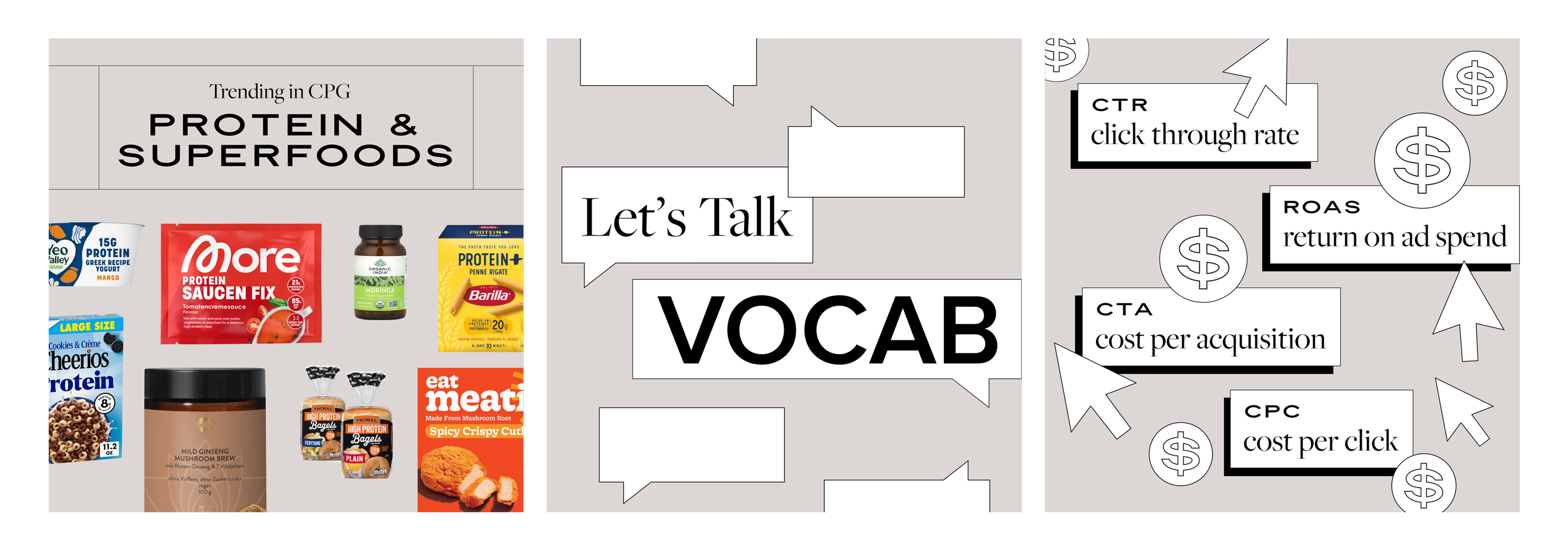 Three-up social media post layouts: Protein & Superfoods, Let's Talk Vocab, ad-spend terms