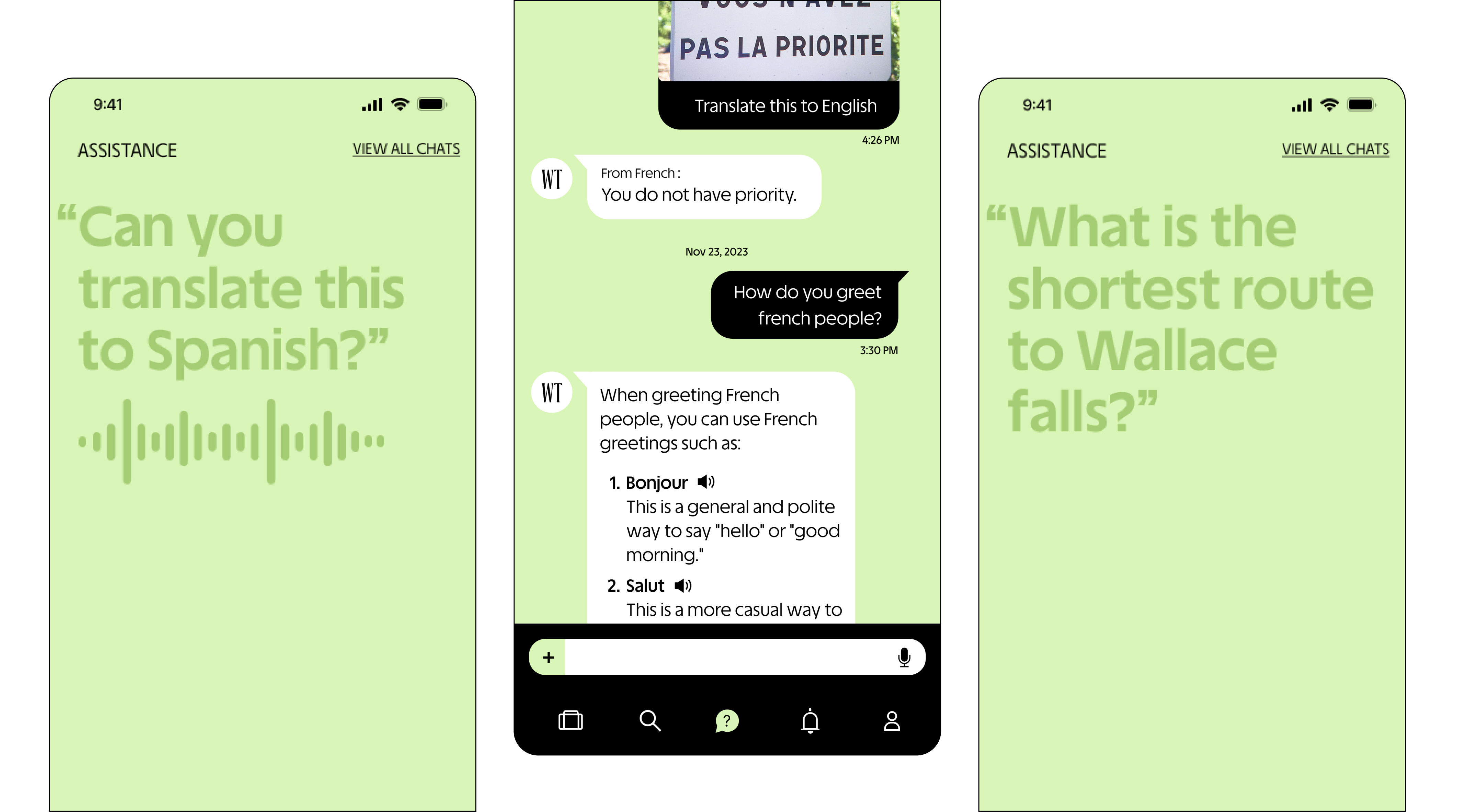 AI assistance — three screens: Can you translate this to Spanish, a French-translation chat, and What is the shortest route to Wallace falls