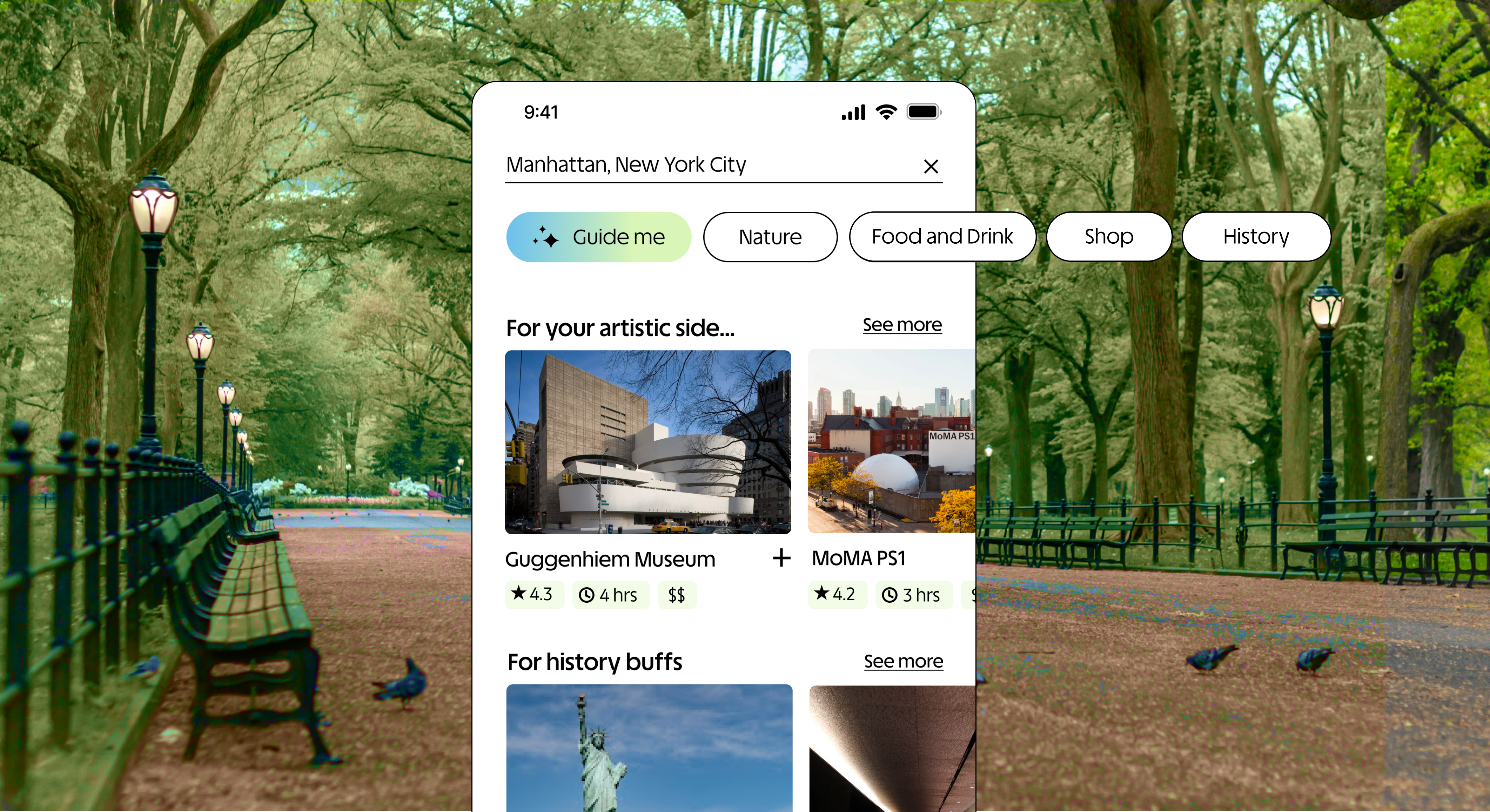 AI discovery — a Manhattan, New York City search screen with Guide me suggestions over a Central Park photograph