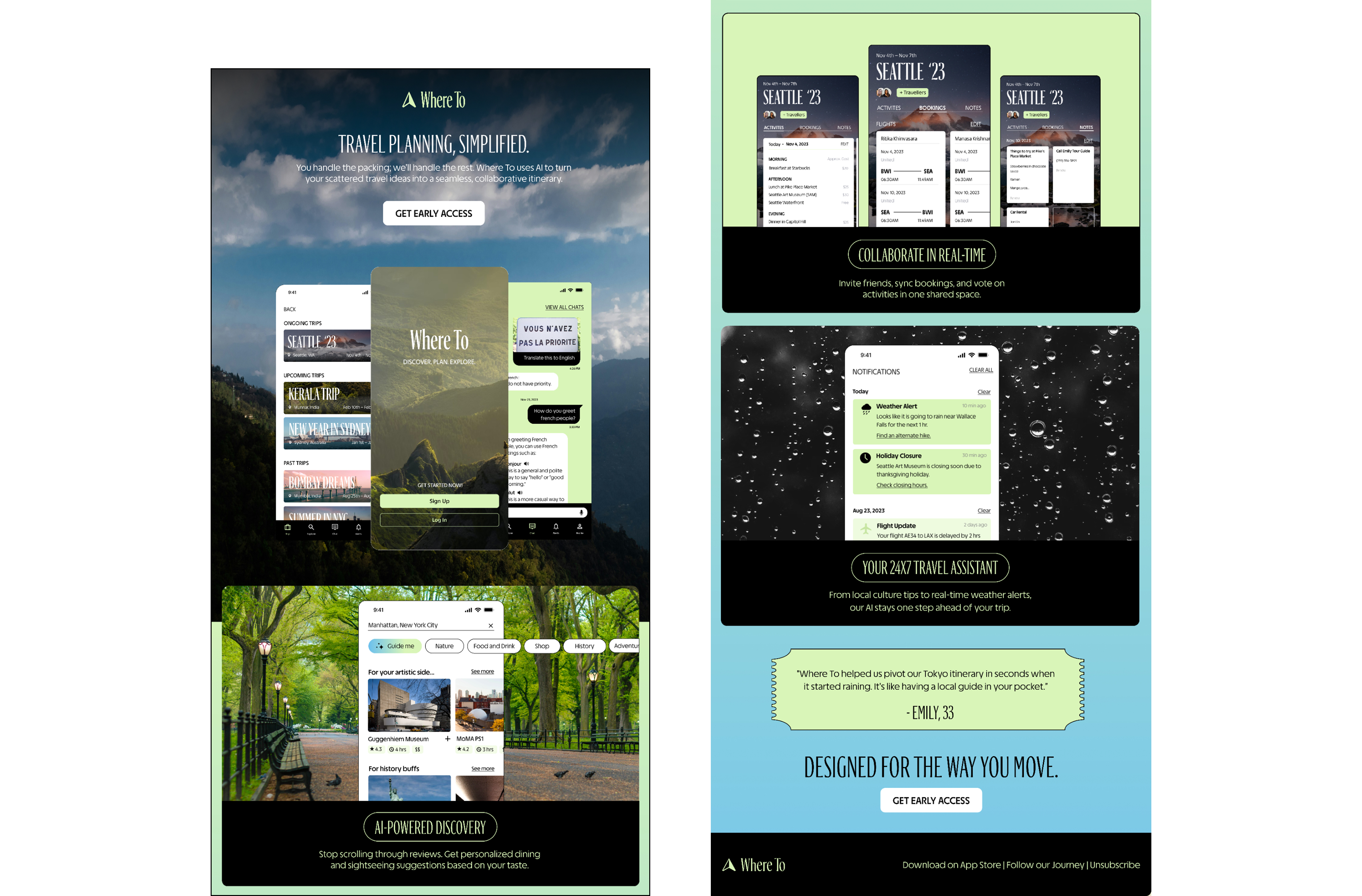 Where To email and landing design — Travel planning simplified, Collaborate in real-time, Your 24x7 travel assistant, and Designed for the way you move