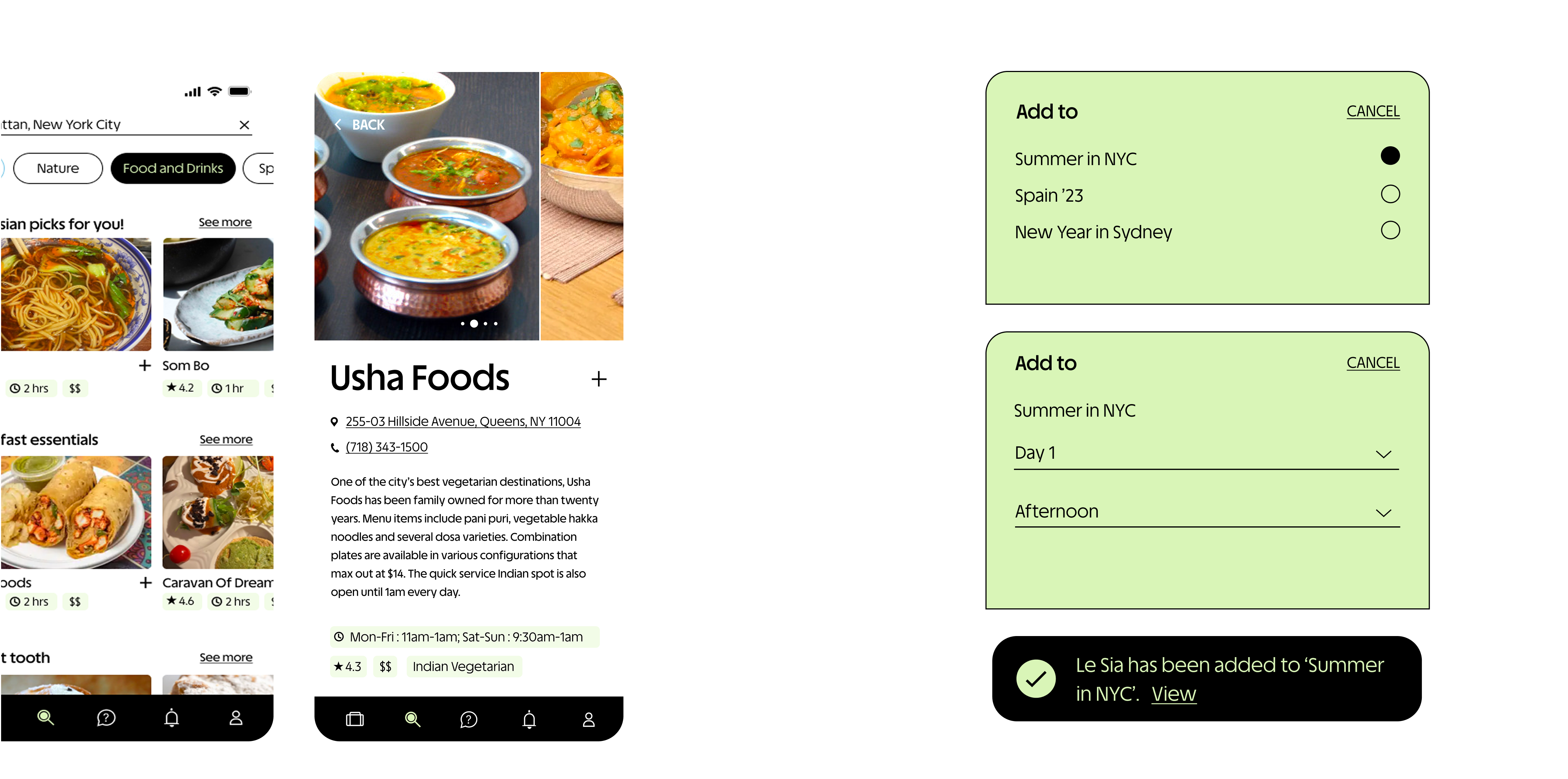 Food discovery — Asian picks list, a Usha Foods restaurant detail page, and Add-to-itinerary confirmation modals