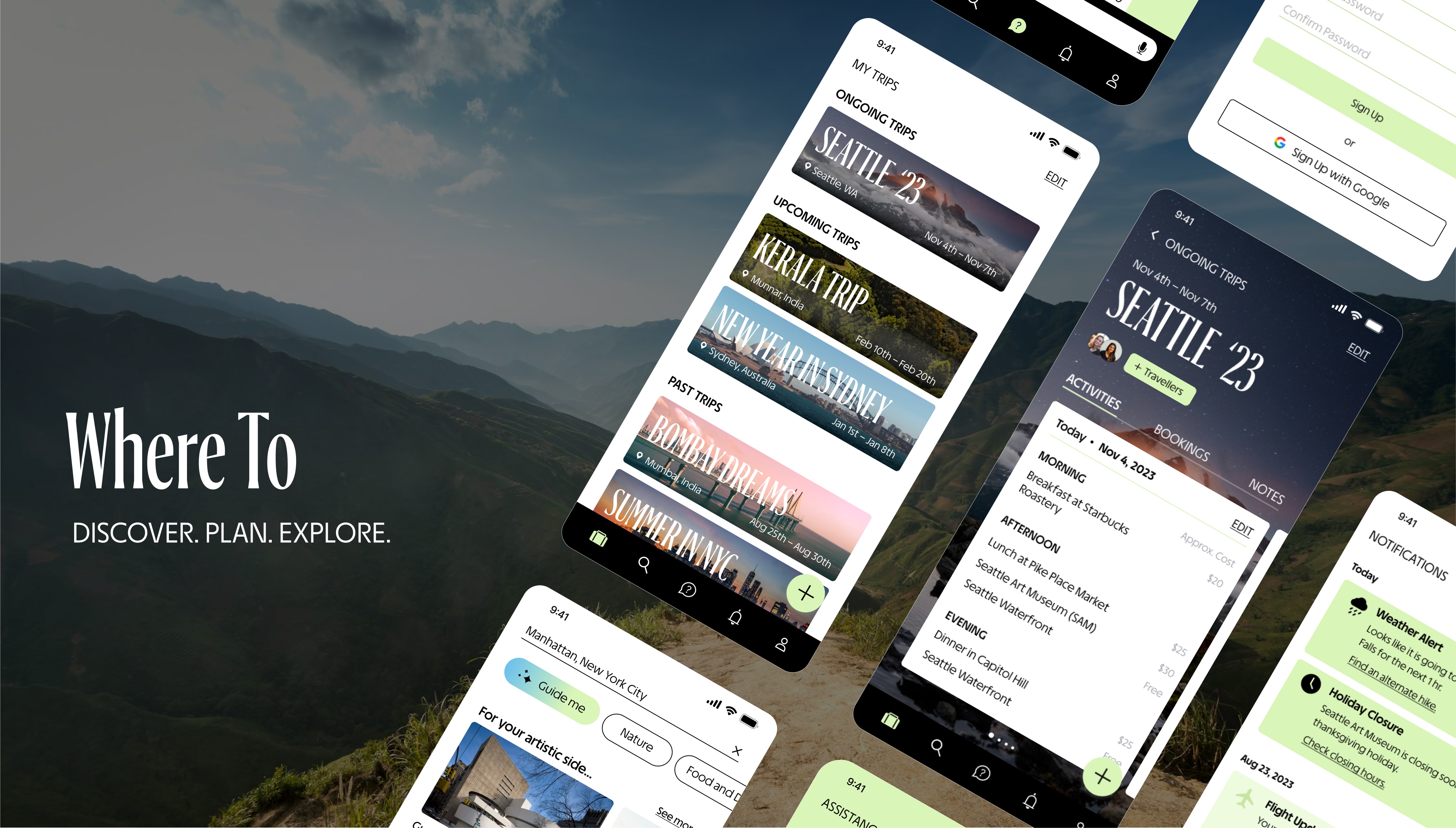 Where To hero — angled collage of app screens over a misty mountain range with the Where To wordmark and DISCOVER. PLAN. EXPLORE.