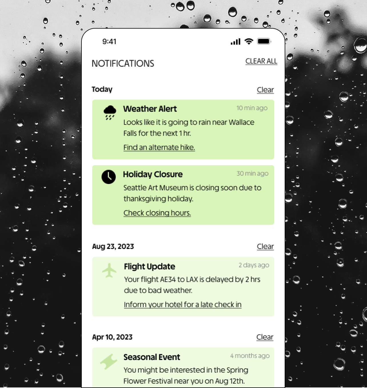 Notifications screen — Weather Alert, Holiday Closure and Flight Update cards over a rain-streaked window