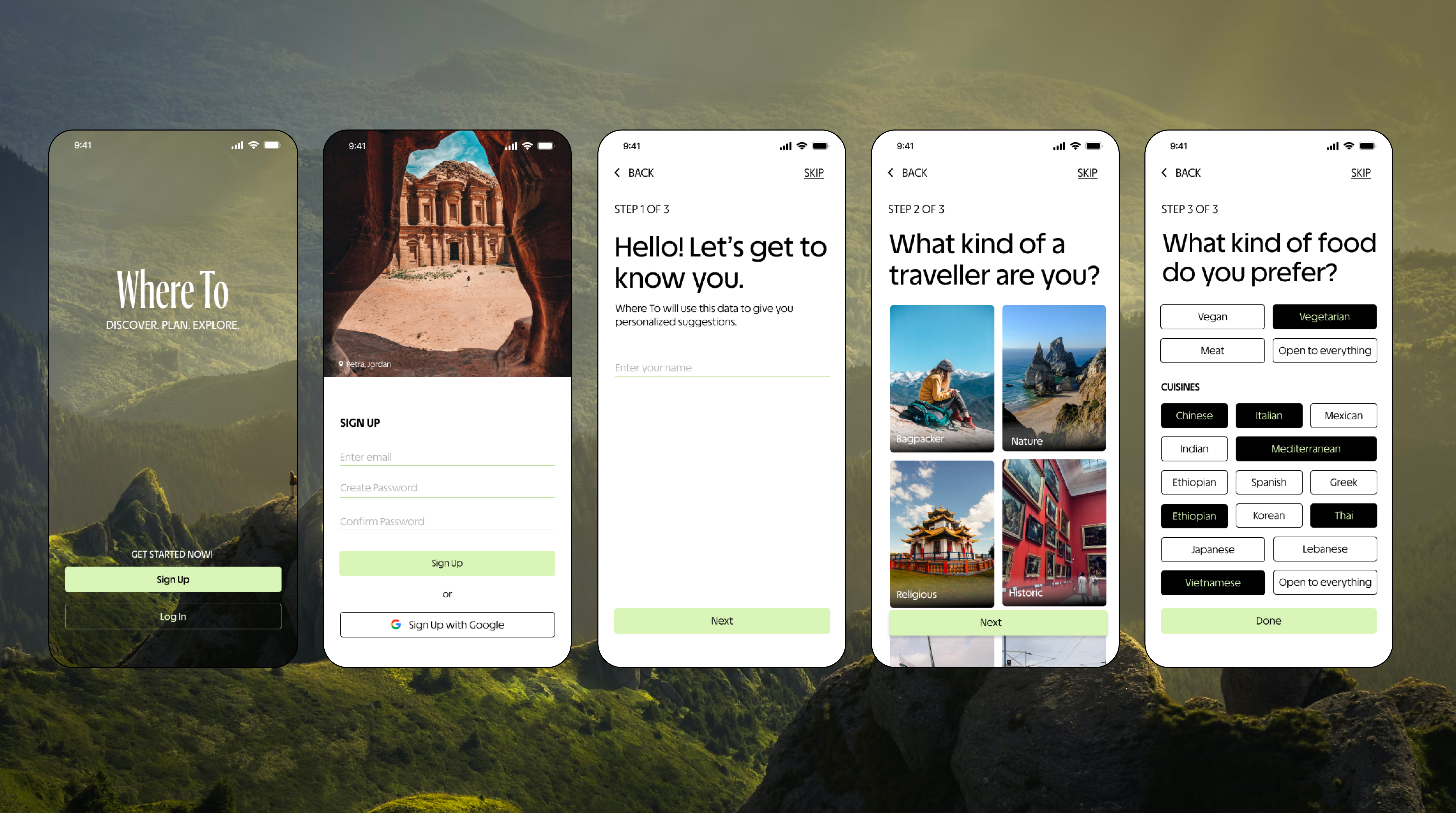 Onboarding flow — five screens over a green mountain backdrop: splash, sign up, Hello let's get to know you, What kind of traveller are you, and What kind of food do you prefer