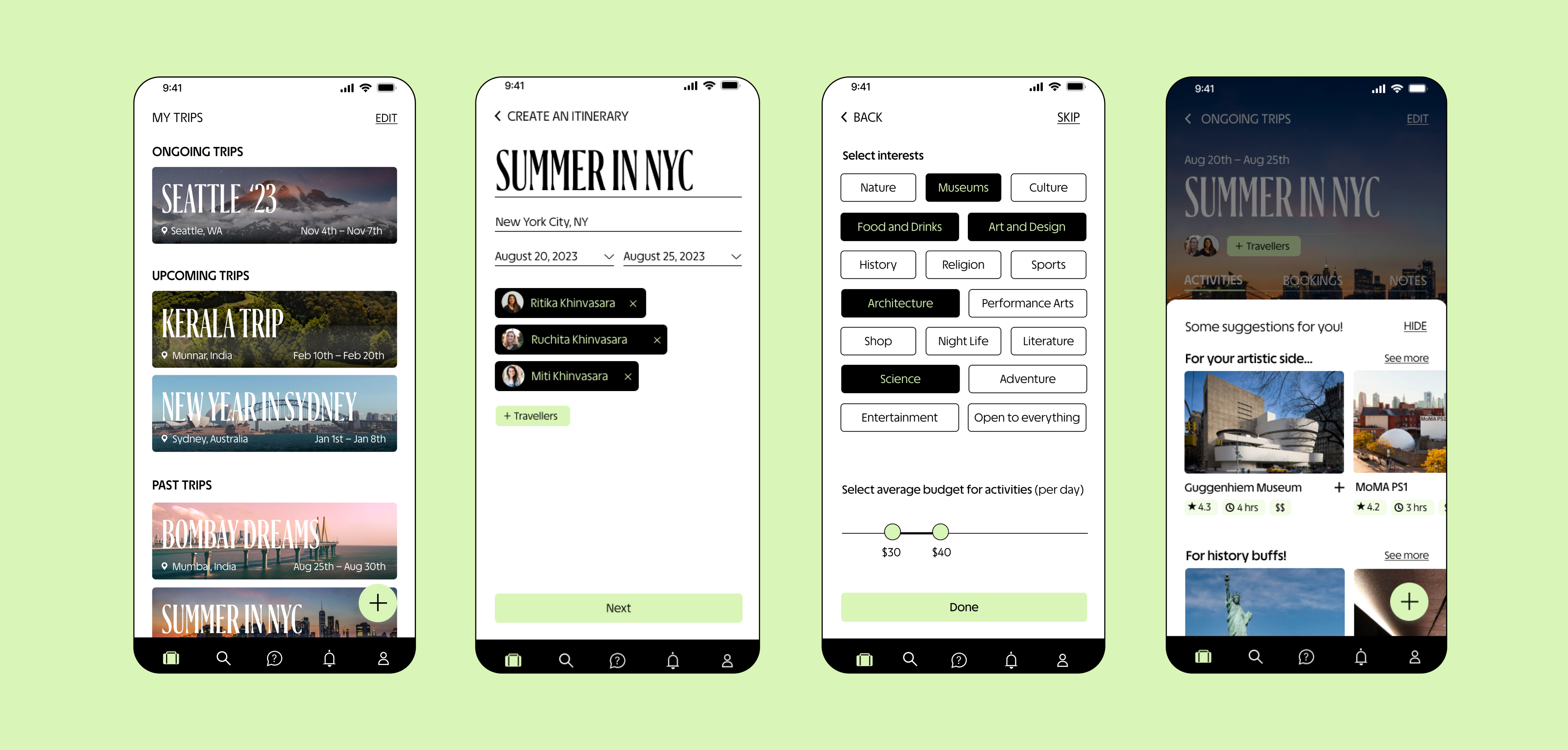 Trip planning flow — My Trips, Create an Itinerary for Summer in NYC, Select interests, and an itinerary with suggestions