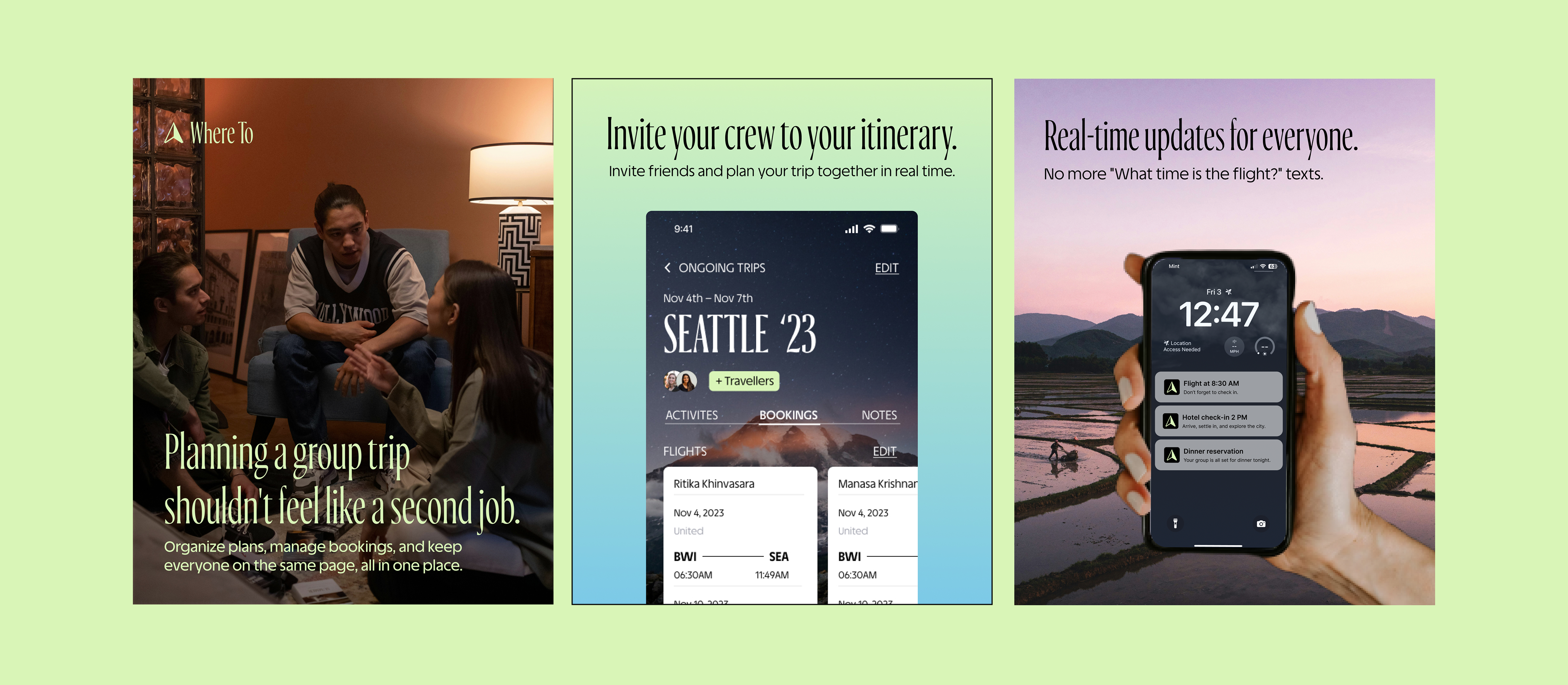 Where To social posts — Planning a group trip shouldn't feel like a second job, Invite your crew to your itinerary, and Real-time updates for everyone